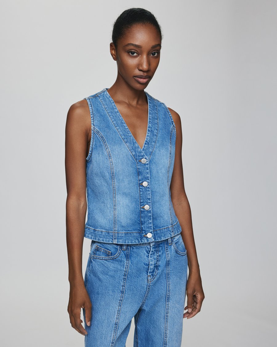 MSCH Eli Ada Denim Waistcoat in Mid Blue Wash