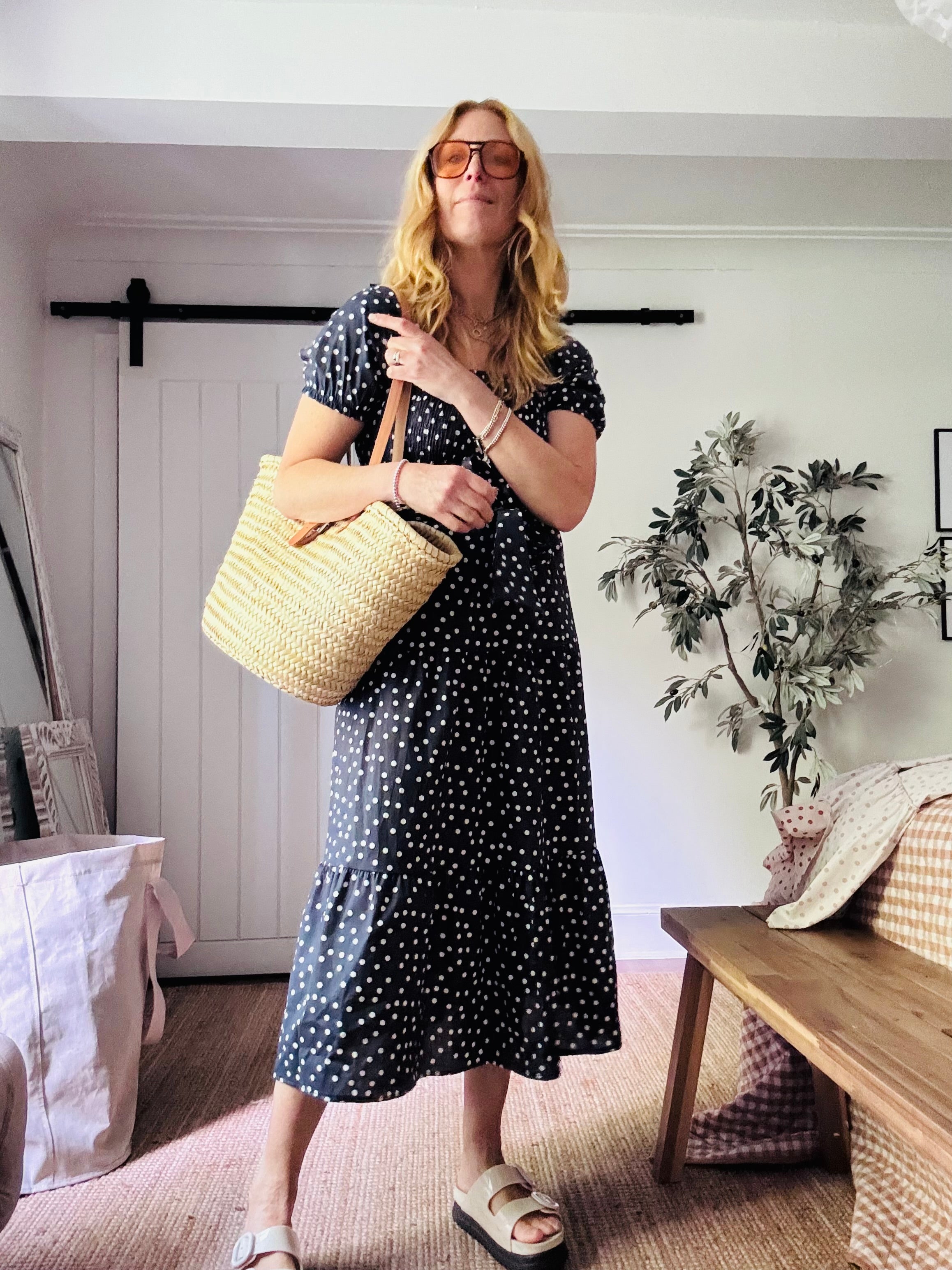 Dotty Dress in Navy and White (one size)