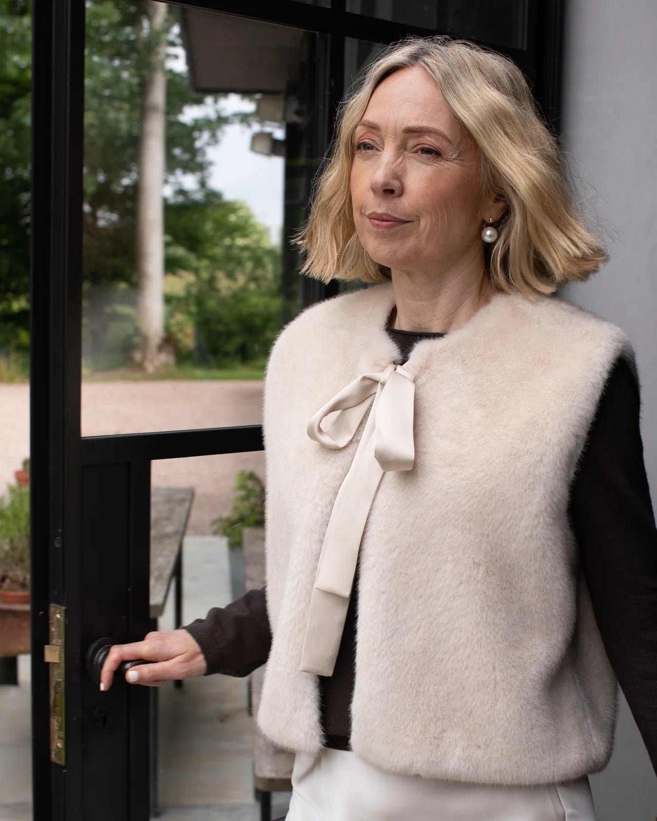 Felicity Faux Fur Gilet with Ribbon Tie in Bone (ONE SIZE)