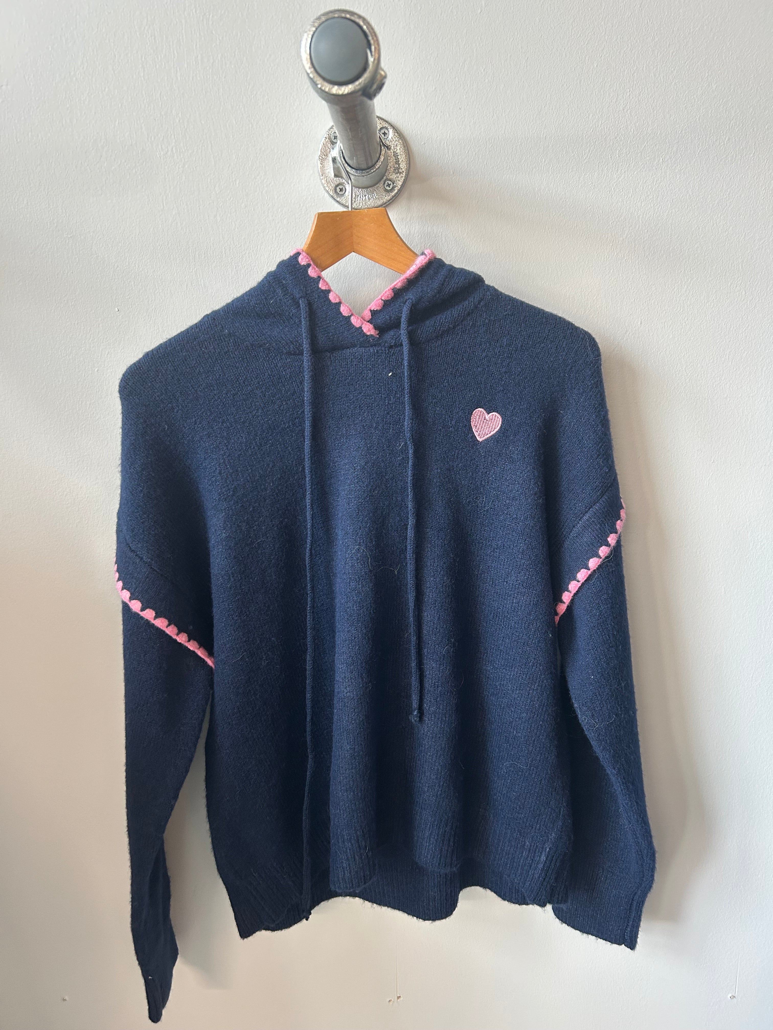 Poppy Knitted Hoodie with Heart Motif and Trim in Navy (ONE SIZE)