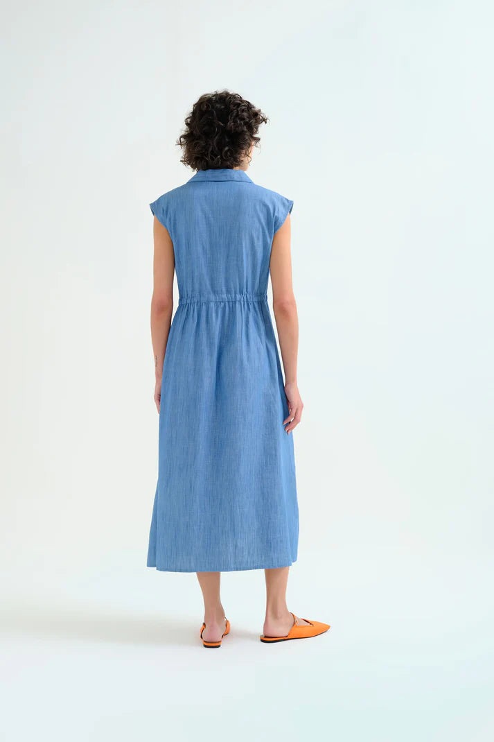 Light blue 100% cotton chambray midi dress