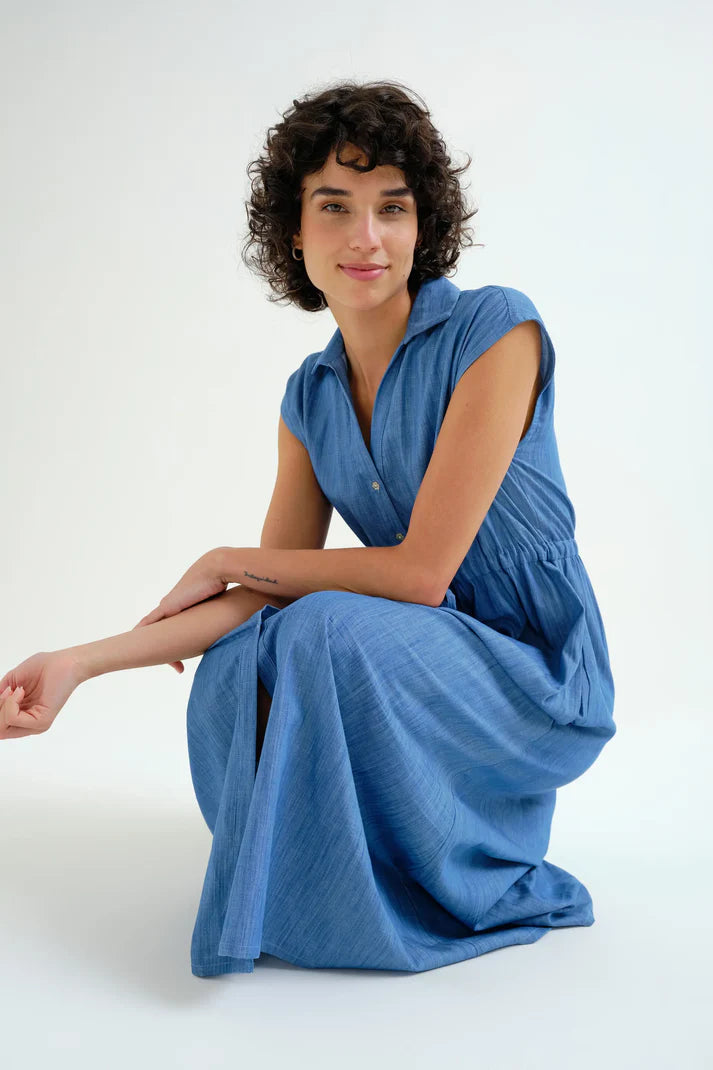 Light blue 100% cotton chambray midi dress