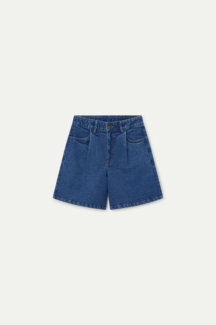 Blue denim shorts with wavy detail
