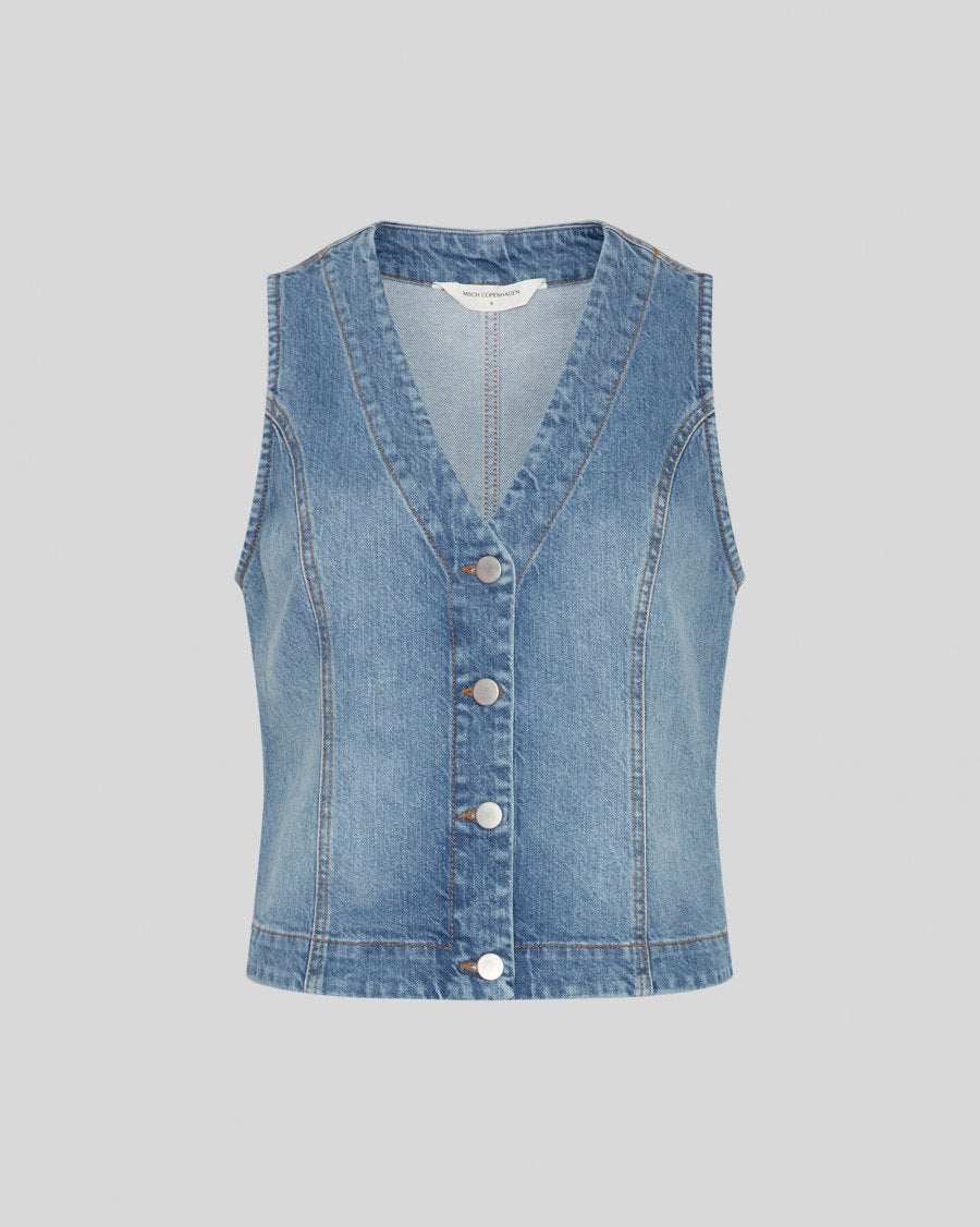 MSCH Eli Ada Denim Waistcoat in Mid Blue Wash