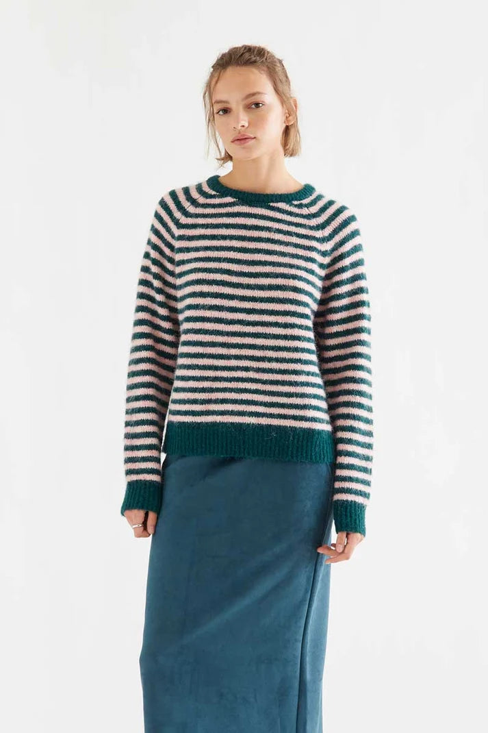 Dark green and pink striped knit sweater