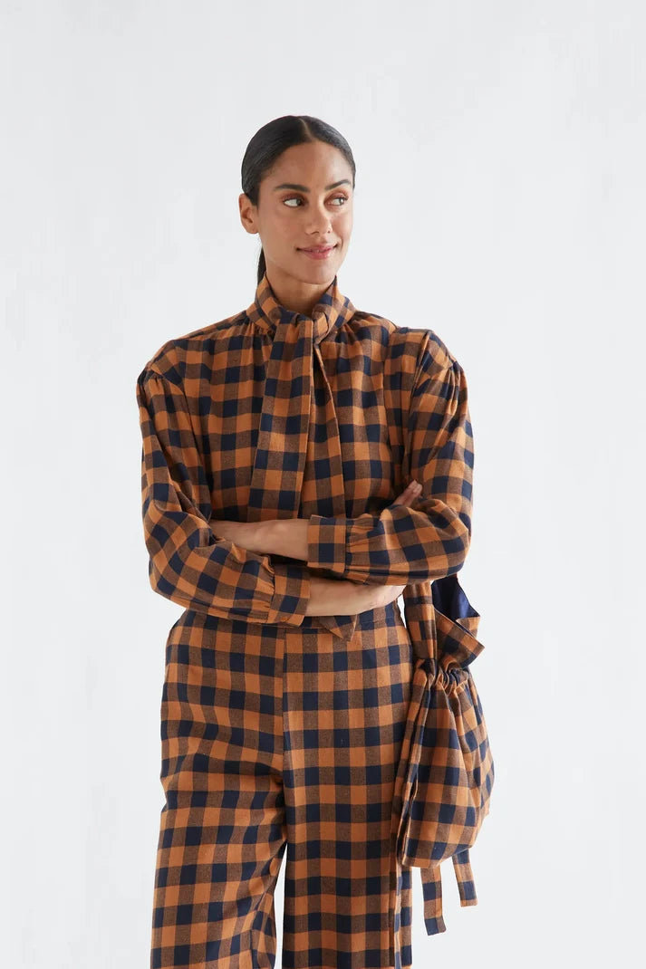 100% cotton lace-up shirt with brown and navy plaid print