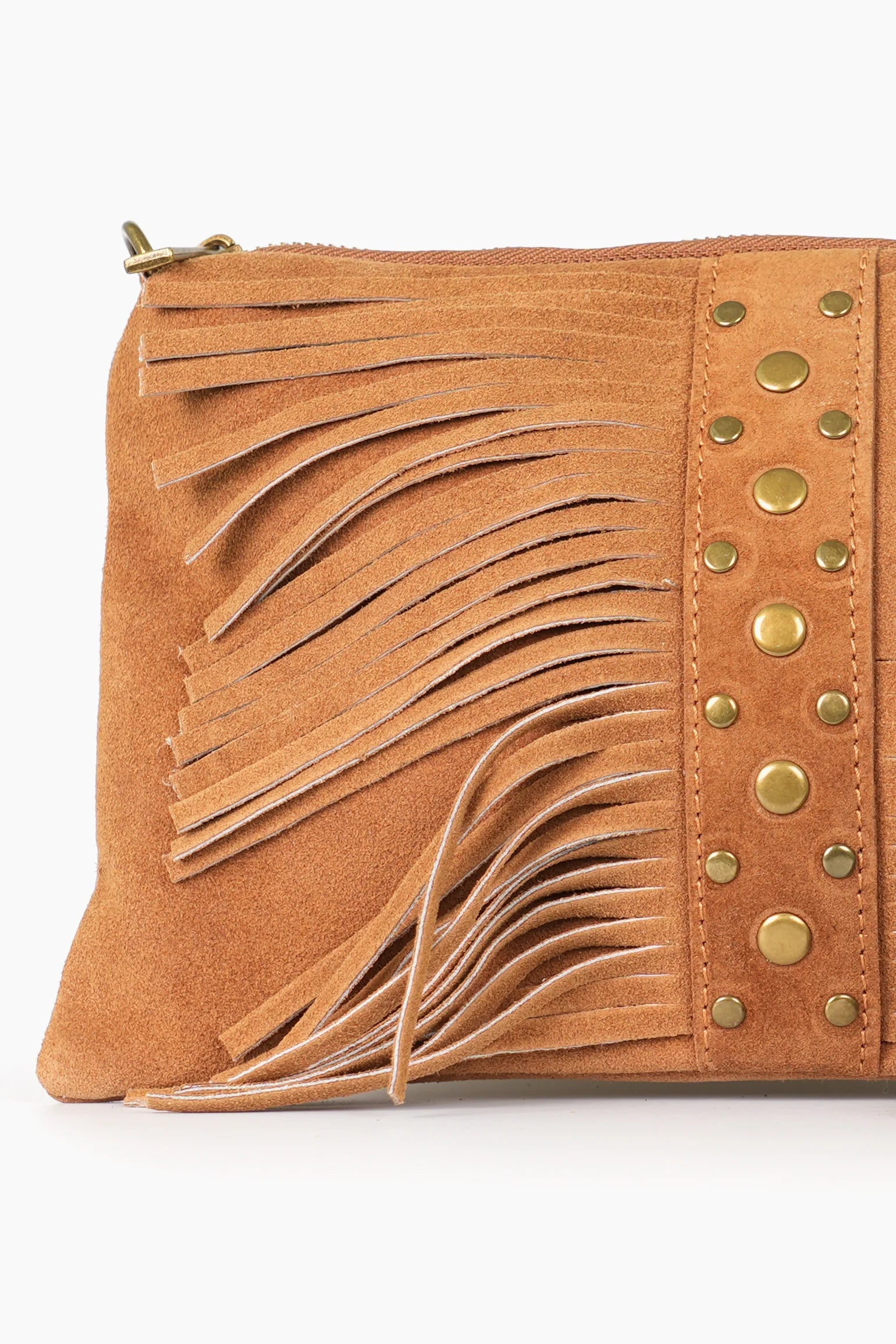 Fringed Studded Clutch Bag Italian Suede Leather in Tan
