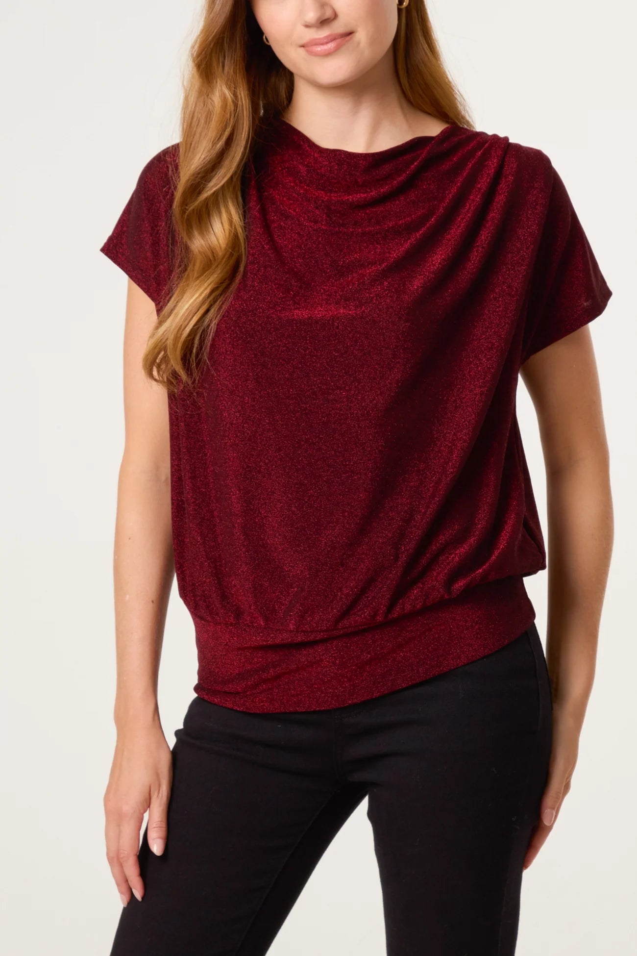 Belle Metallic Crap Neck Top in Wine