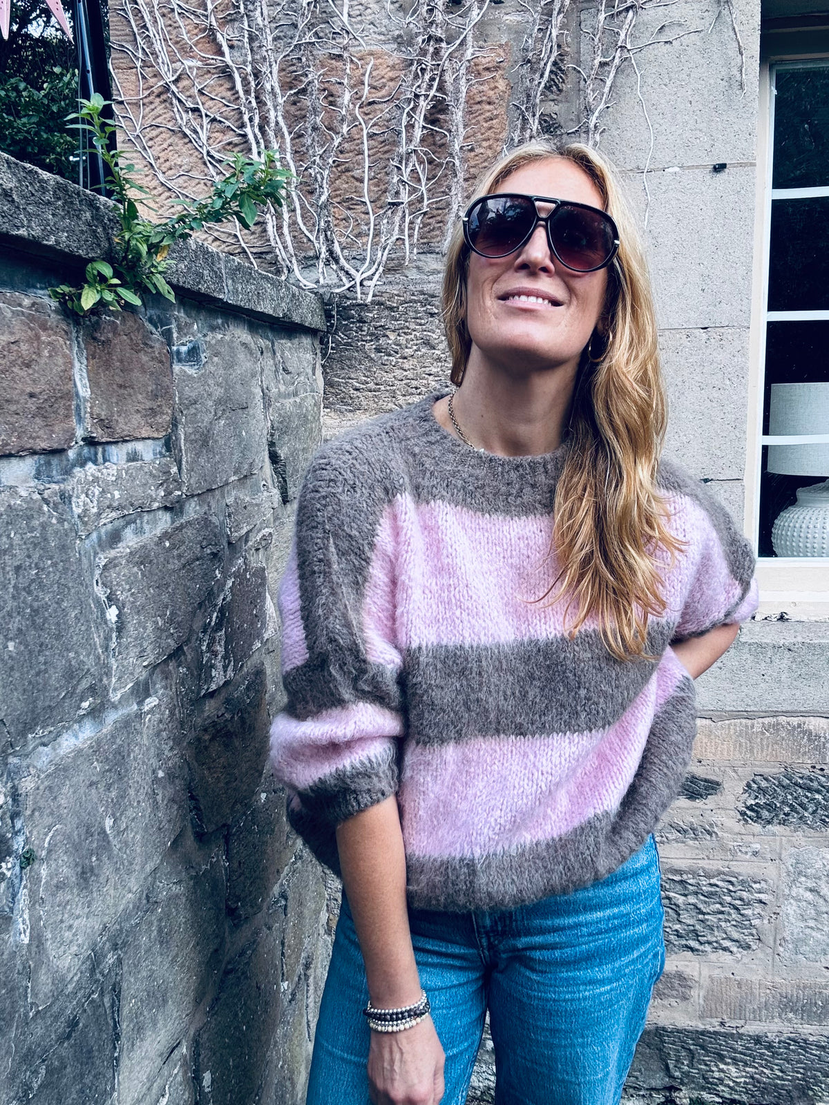 Stripe Knit in pink and mocha (one size).