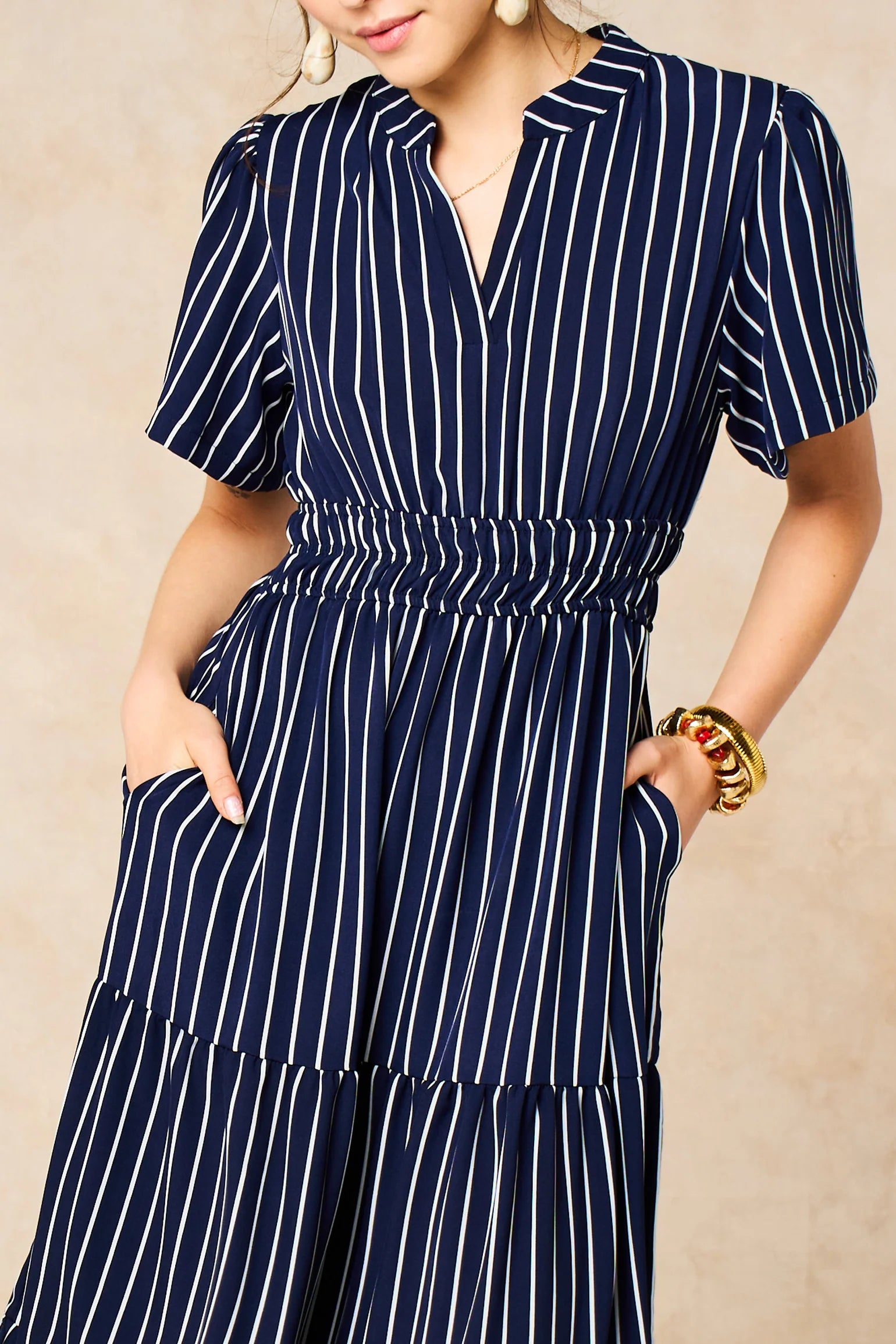 Striped Tiered Maxi Dress in Navy Blue