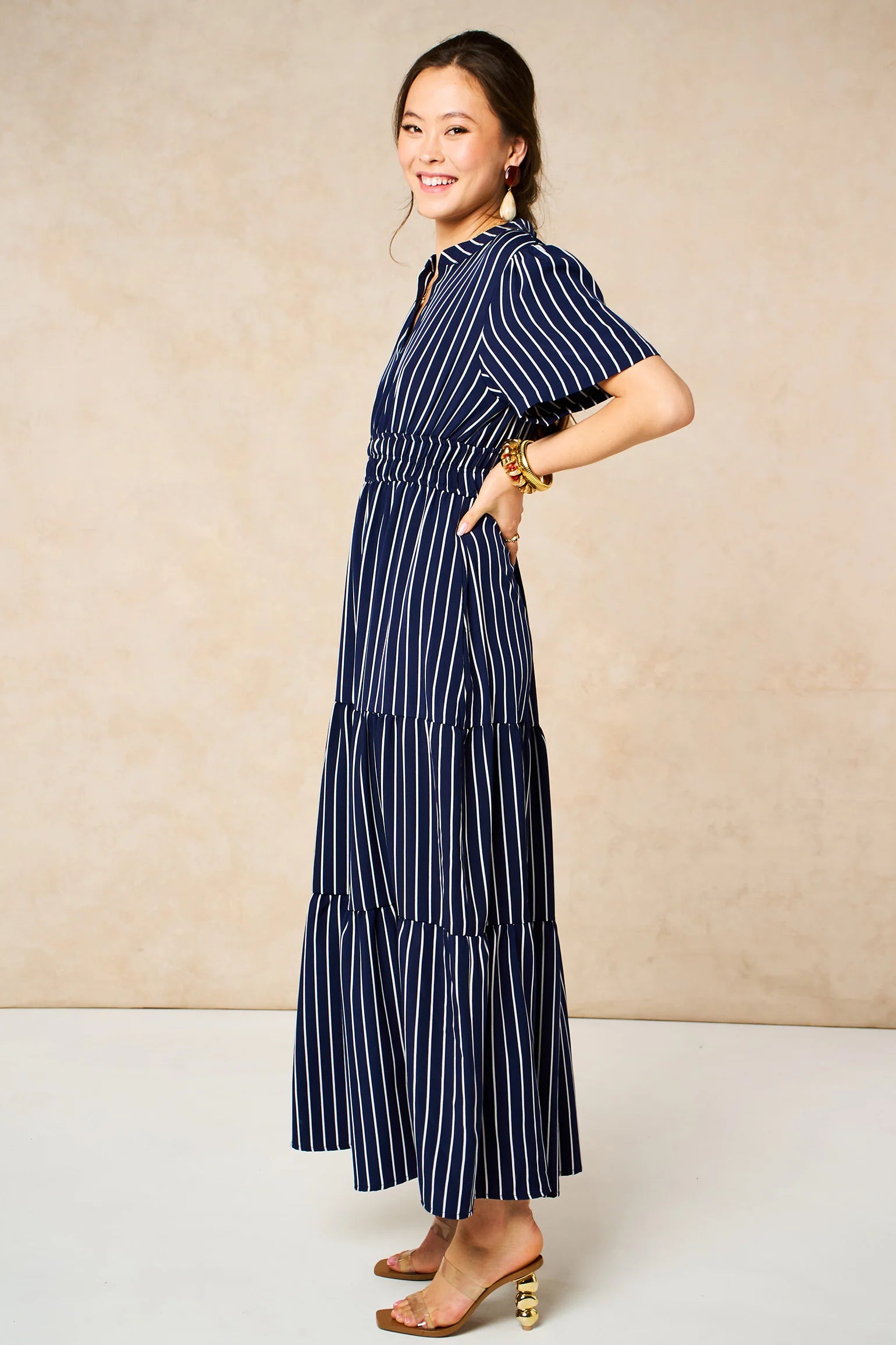 Striped Tiered Maxi Dress in Navy Blue