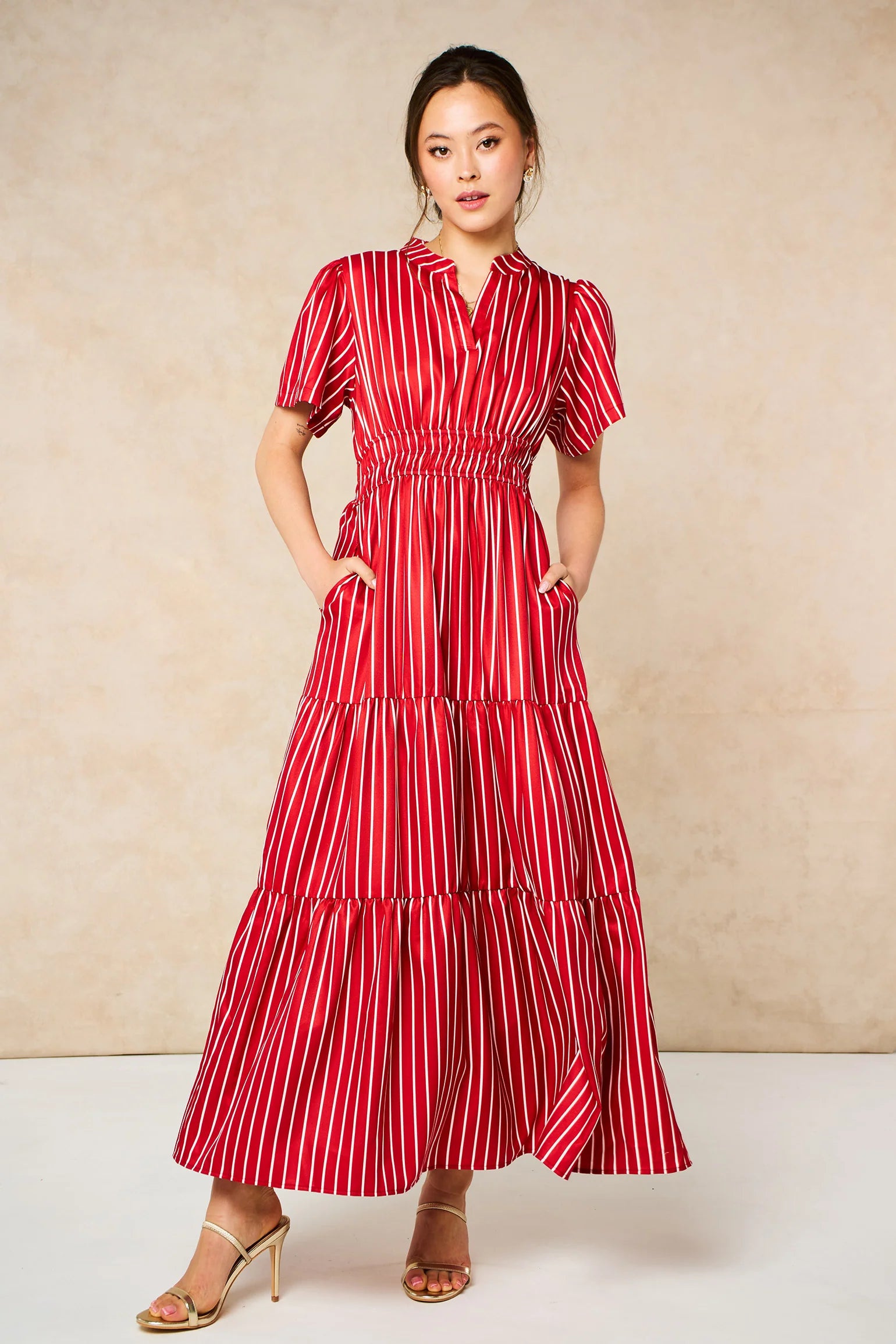 Striped Tiered Maxi Dress in Red