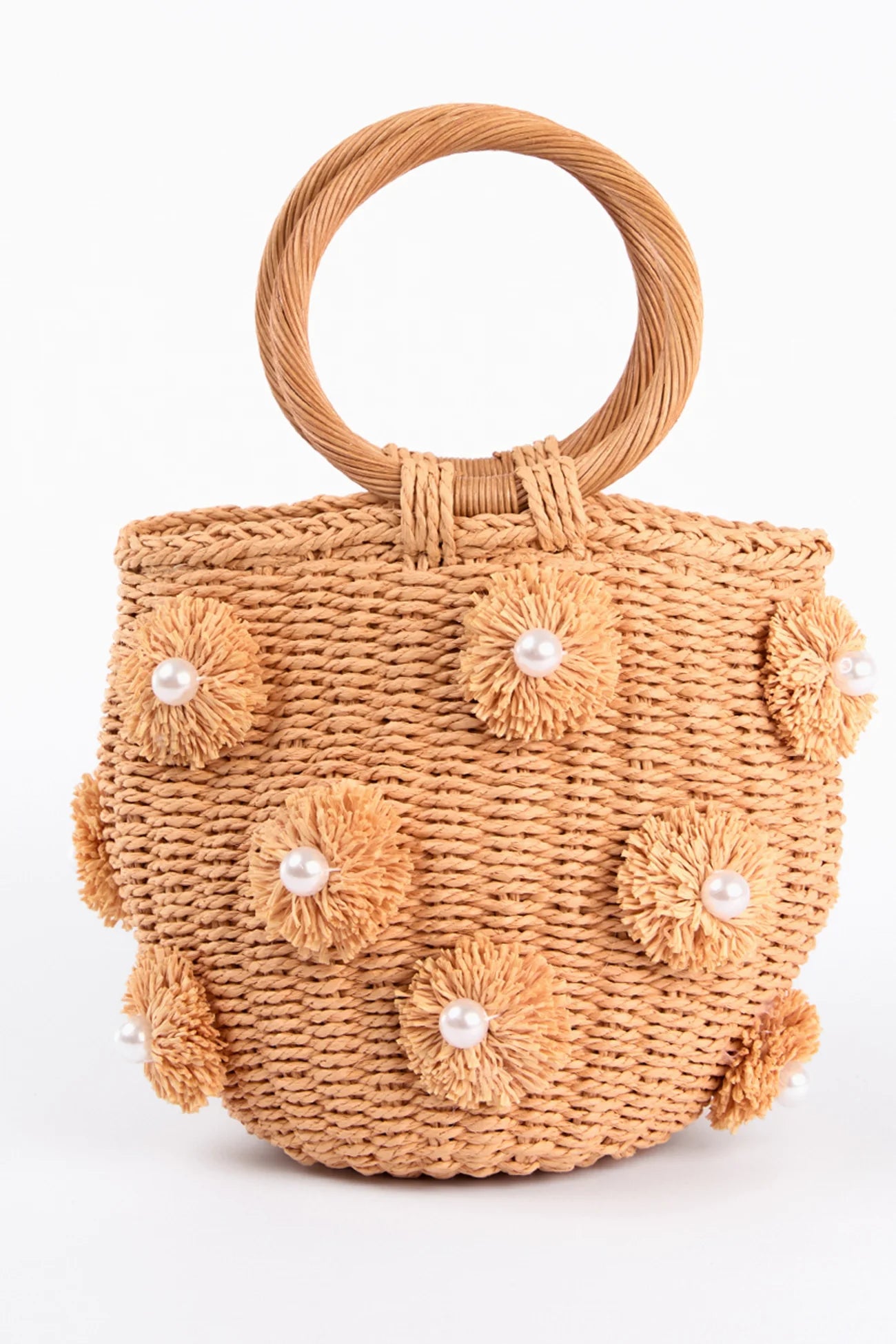 Woven Pom Pom & Pearl Bag