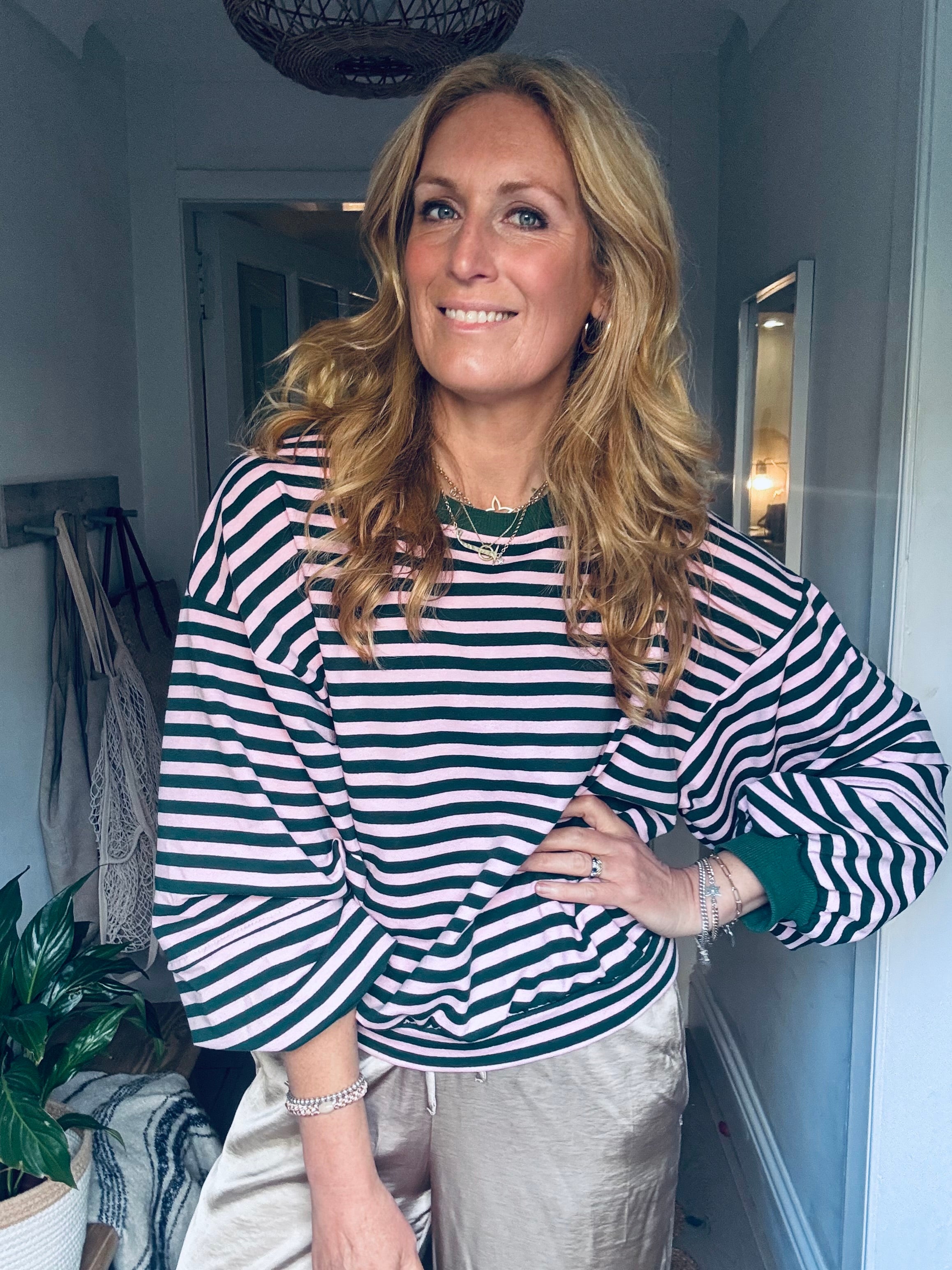 Pink and Green Striped Sweatshirt with a ballon sleeve (one size)