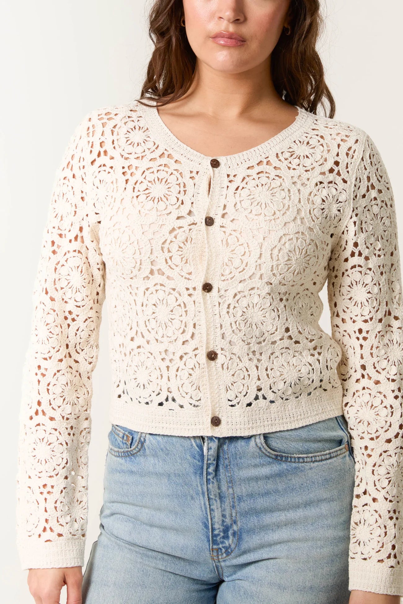 Cotton Floral Crochet Cardigan in Stone