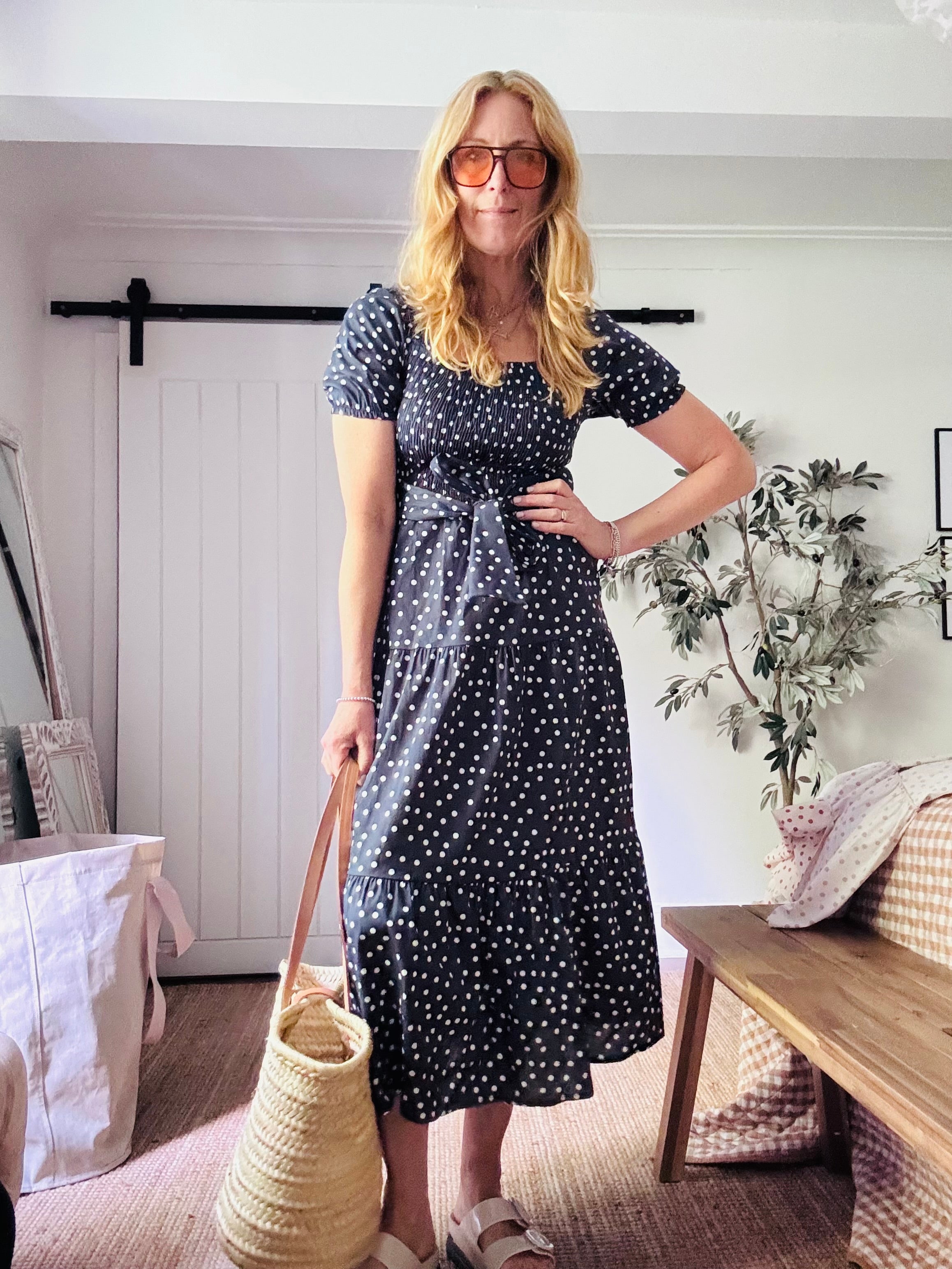 Dotty Dress in Navy and White (one size)