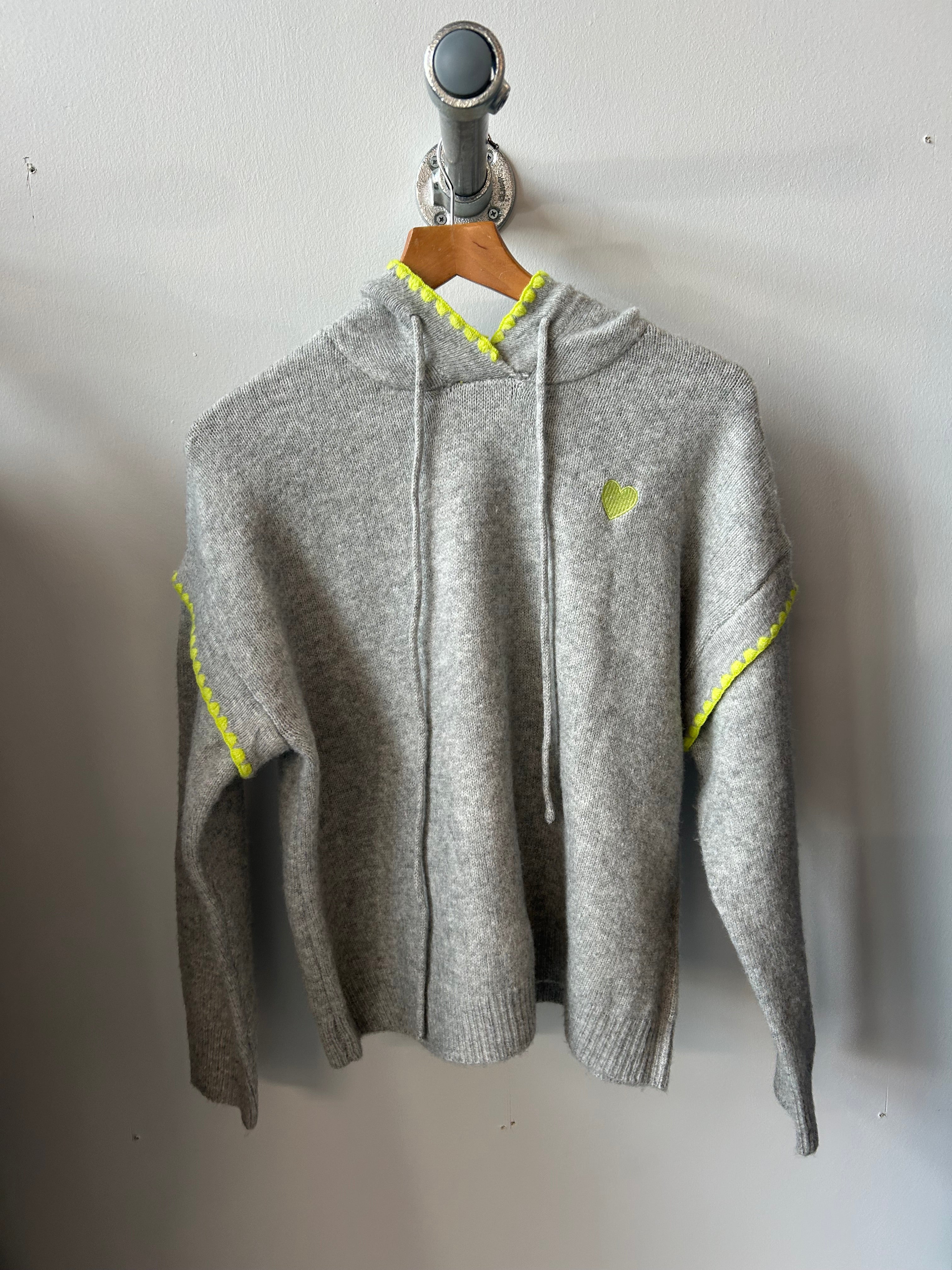 Poppy Knitted Hoodie with Heart Motif and Trim in Grey (ONE SIZE)