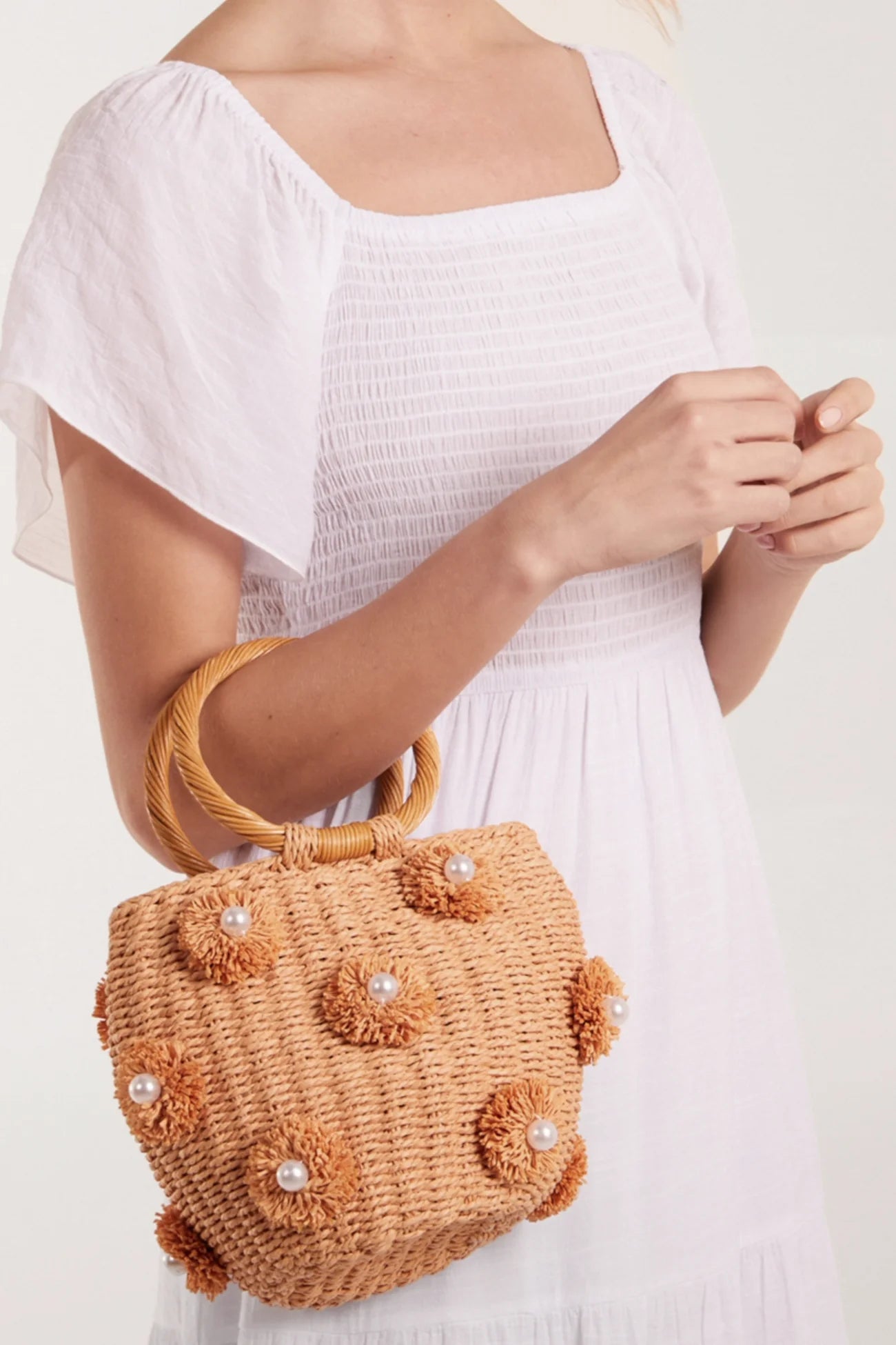 Woven Pom Pom & Pearl Bag