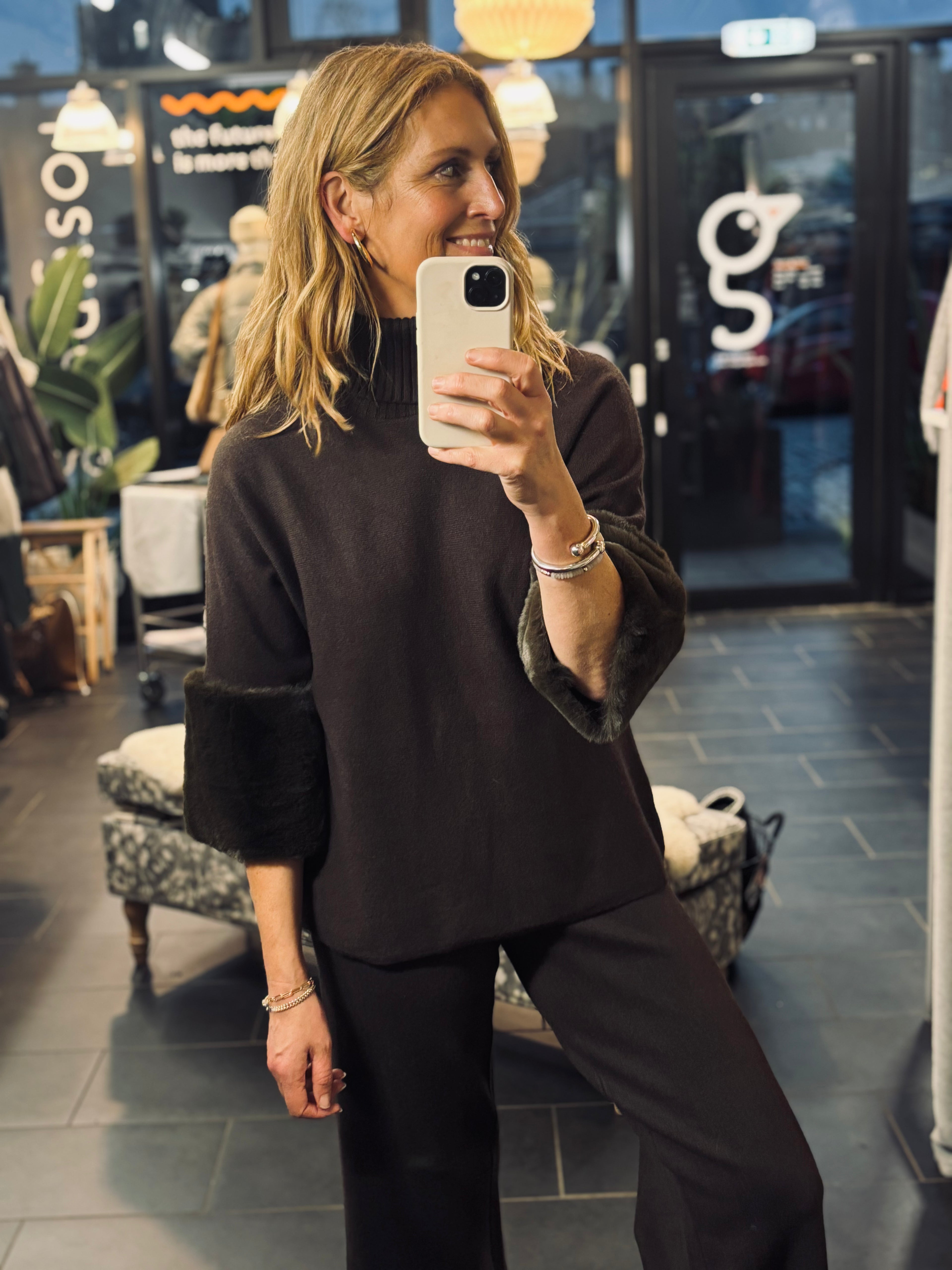 Alice Polo Neck Knit with Faux Fur Cuffs in Chocolate Brown (ONE SIZE)