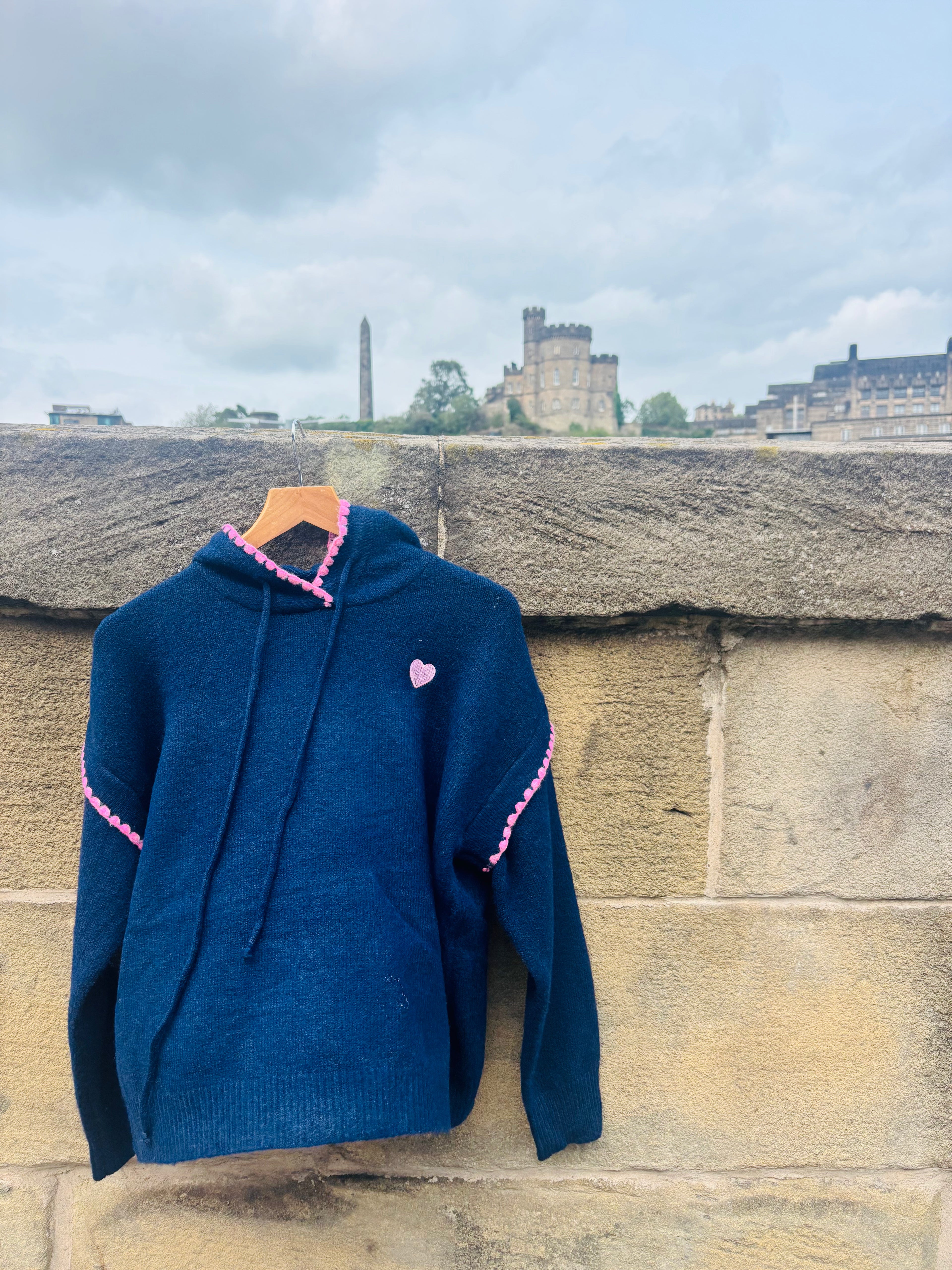 Poppy Knitted Hoodie with Heart Motif and Trim in Navy (ONE SIZE)