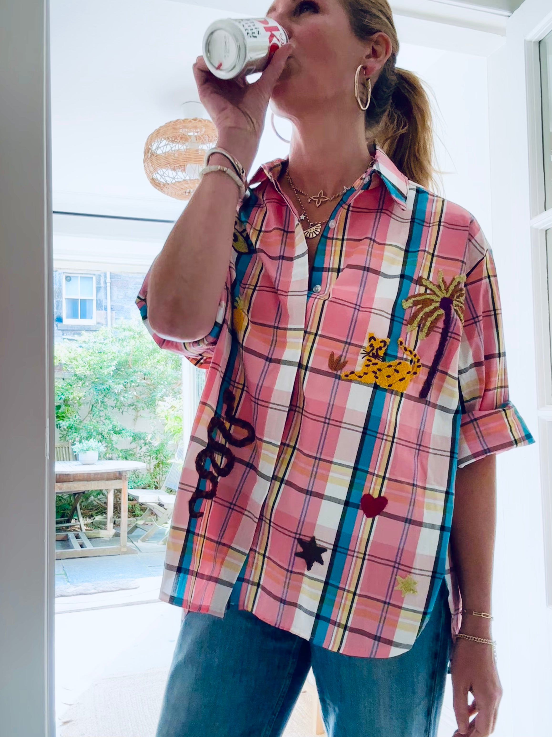 Pia Checked Shirt with Embroidered Motif Detail (ONE SIZE)