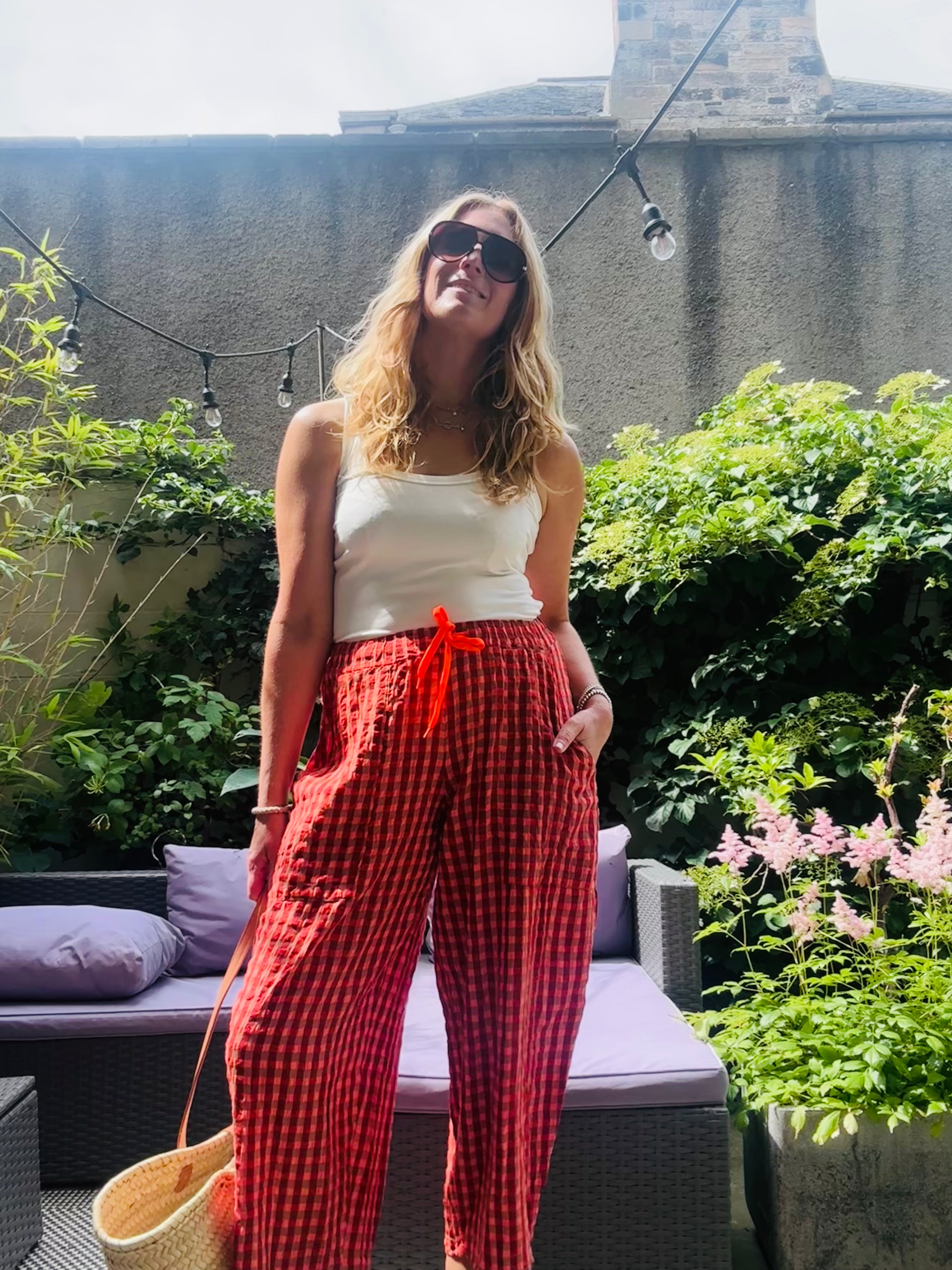 GINGHAM SEERSUCKER BALLOON TROUSERS in Orange County