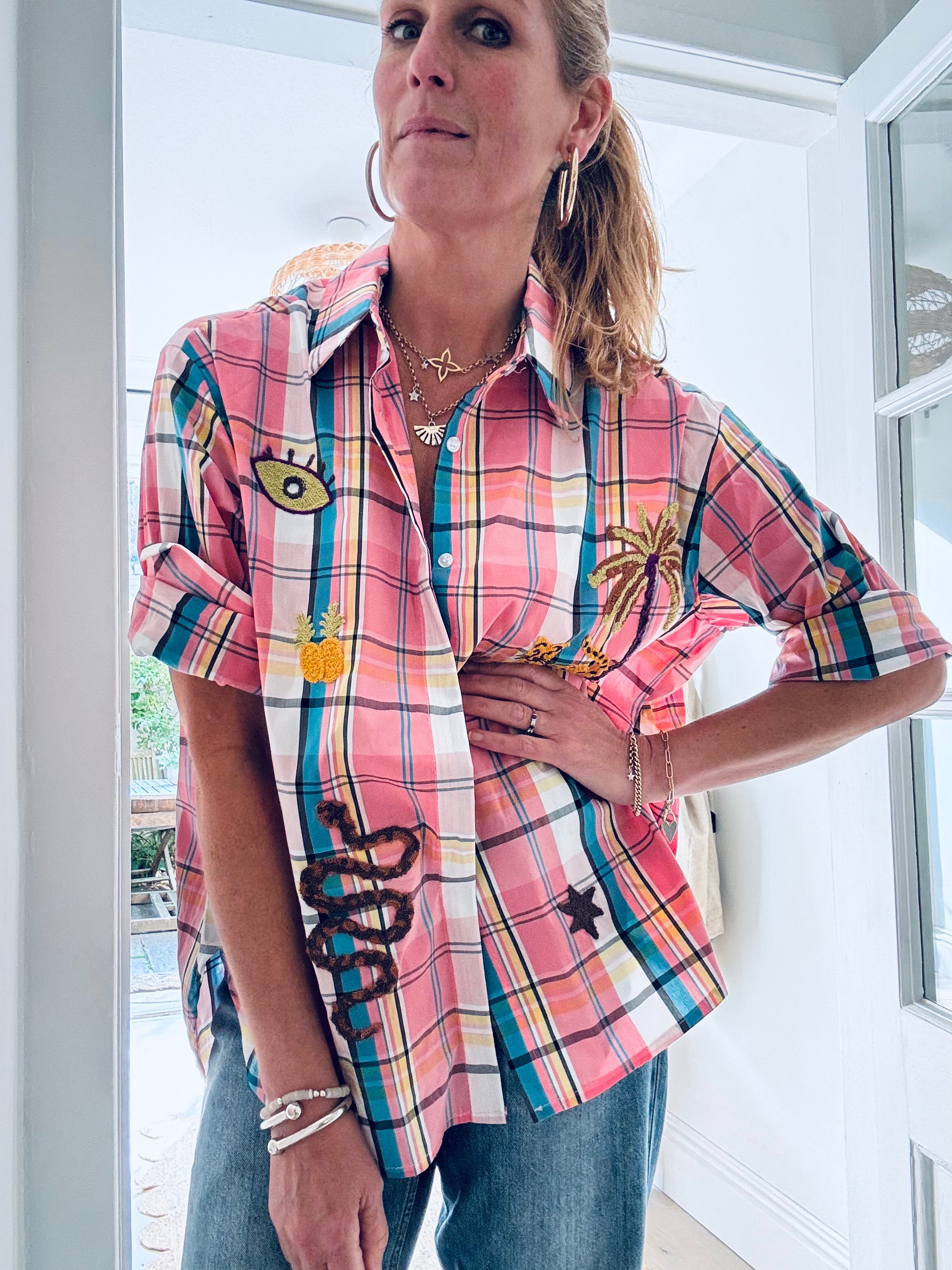 Pia Checked Shirt with Embroidered Motif Detail (ONE SIZE)