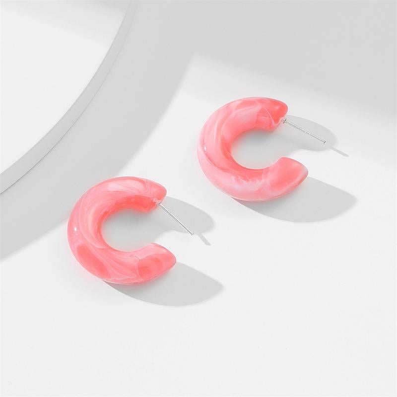 Cubic Chunky Resin Hoop Earrings - Hot Pink Marble
