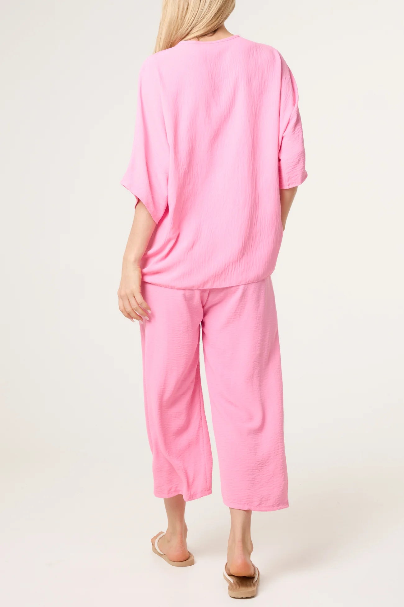 V-Neck Front Knot Top & Trousers Set in Pink