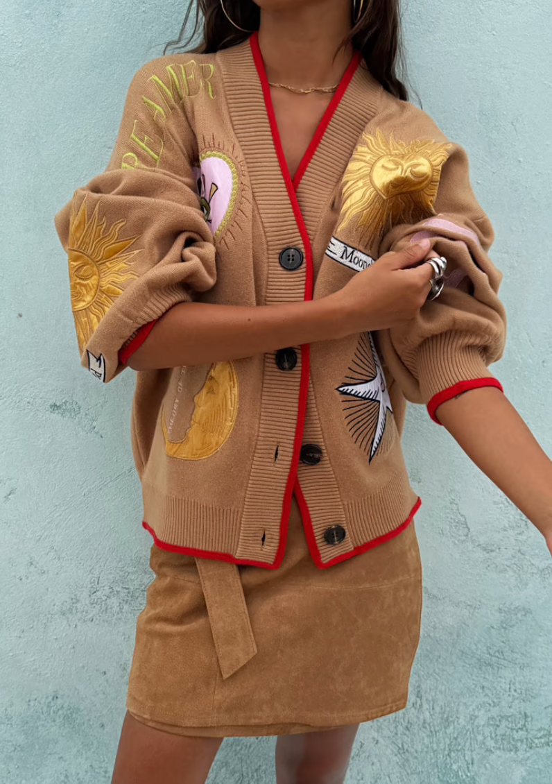 NFD Mystical Cardigan with Jacquard in Camel