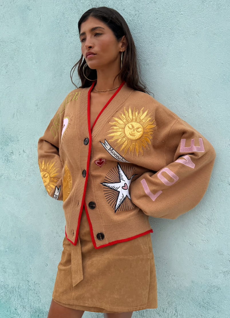 NFD Mystical Cardigan with Jacquard in Camel