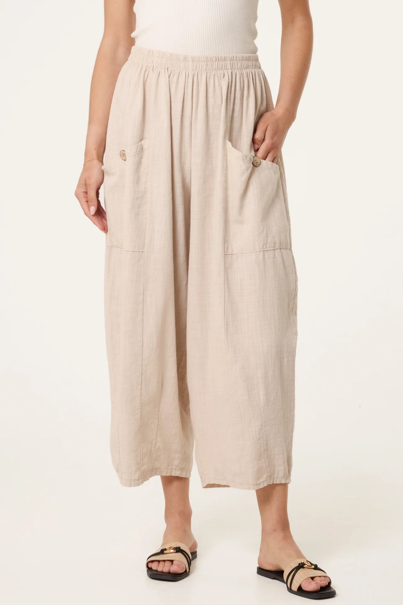 Wide Pocket Front Button Cotton Trouser in Beige