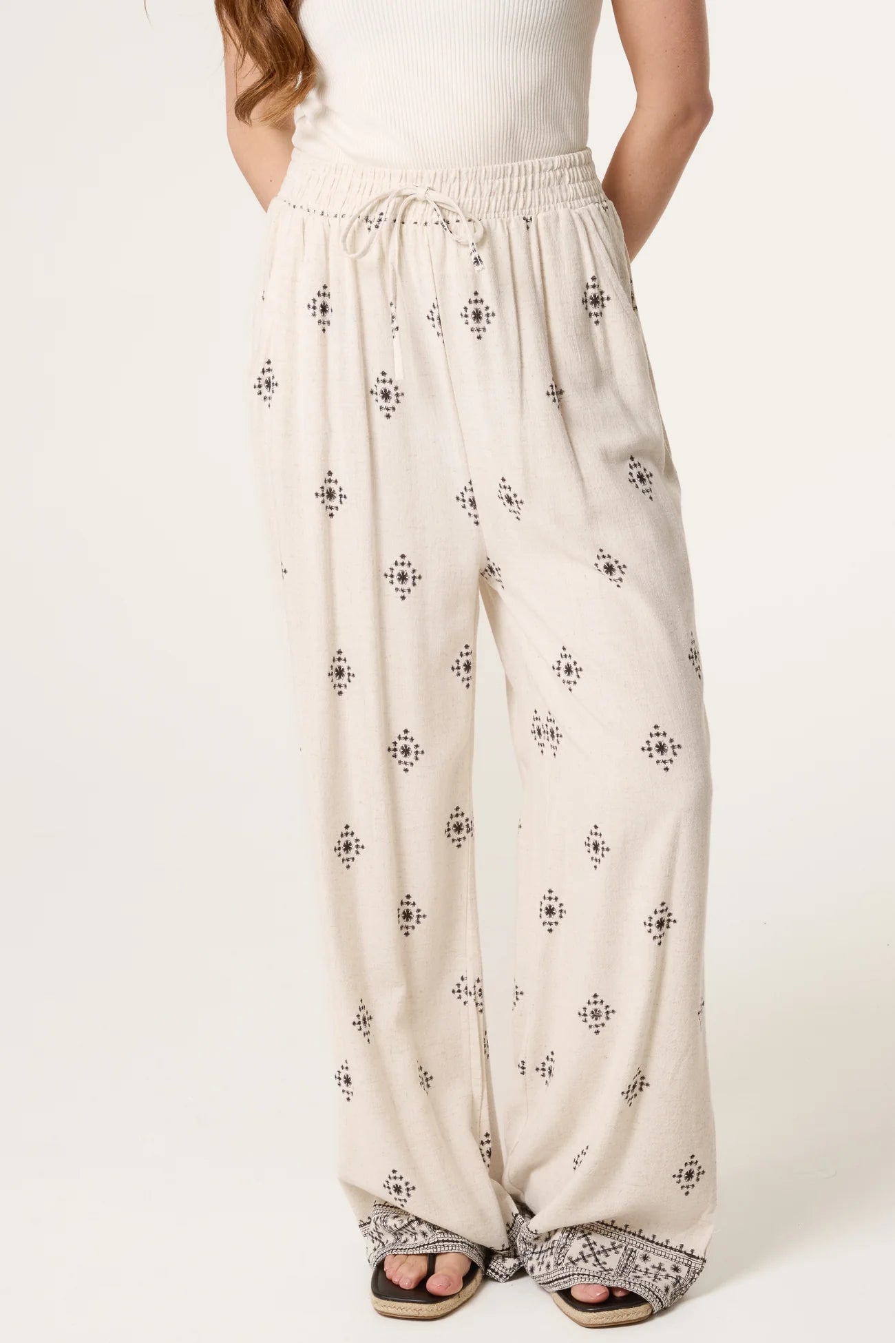 Embroidery Detail Linen Wide Leg Trousers