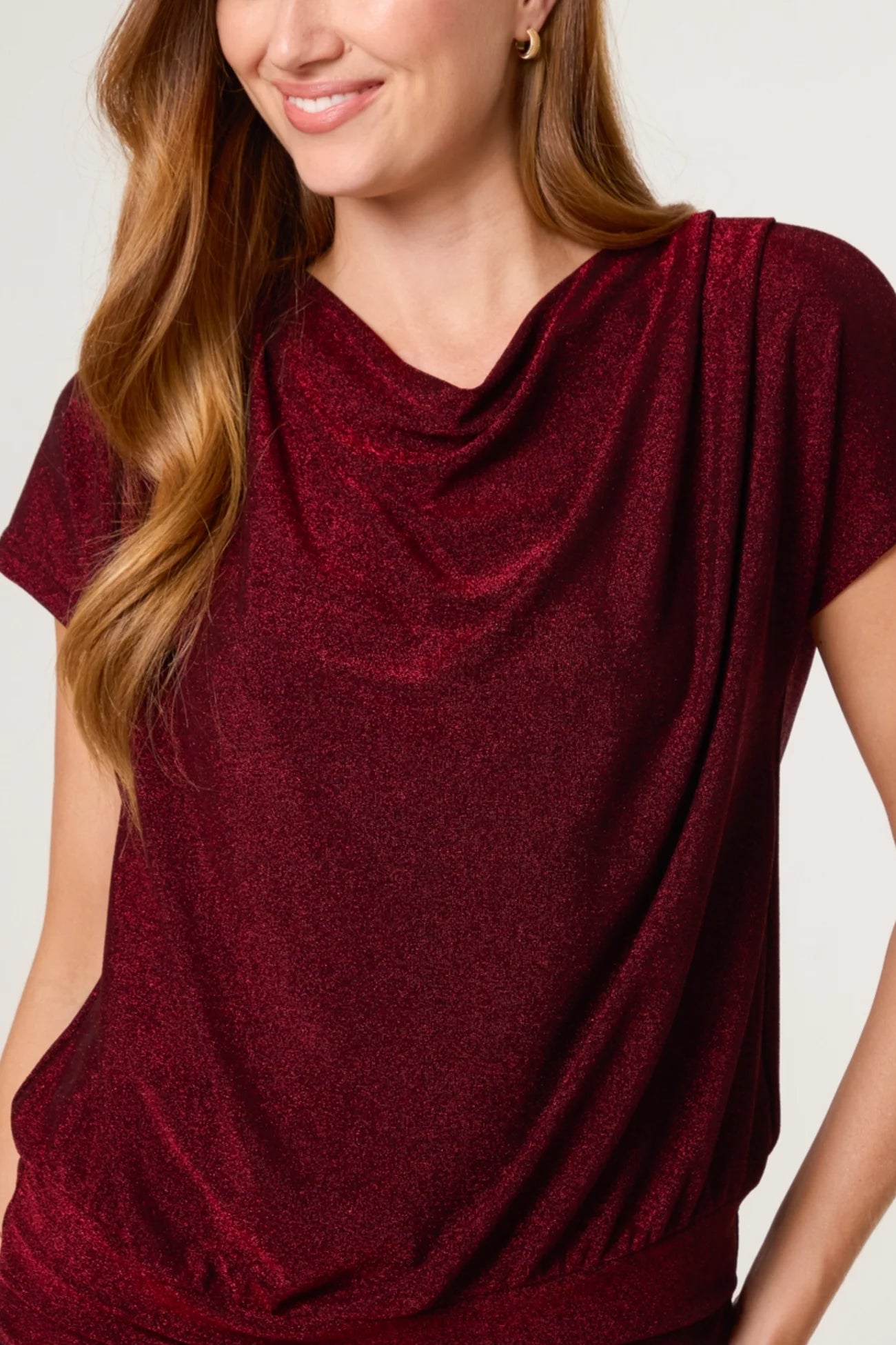 Belle Metallic Crap Neck Top in Wine