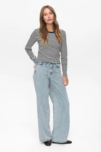 Numph Numelany Long Sleeved Striped Top in Caviar Black