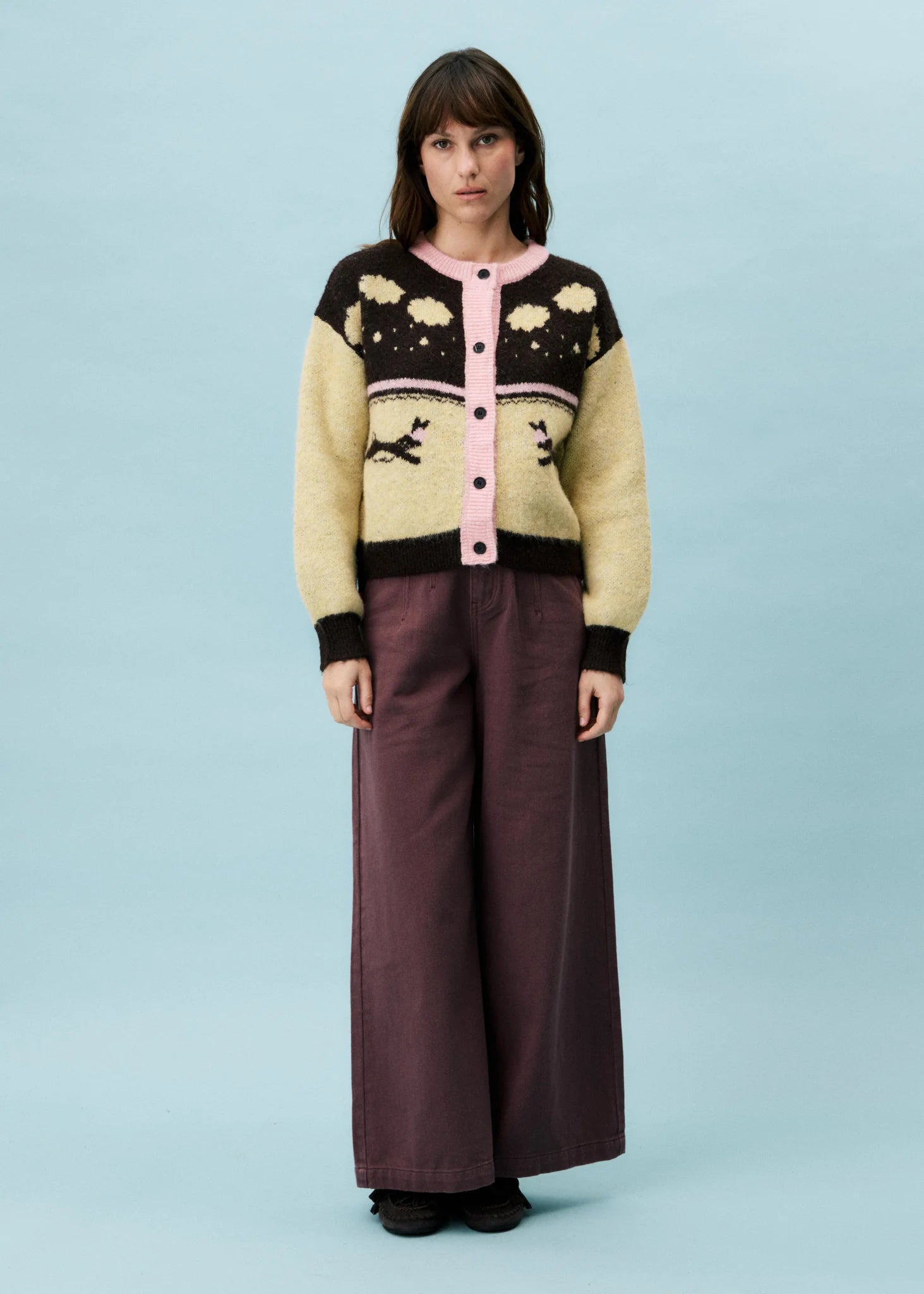 FRNCH Barret Cardigan with Motif in Wine &amp; Beige