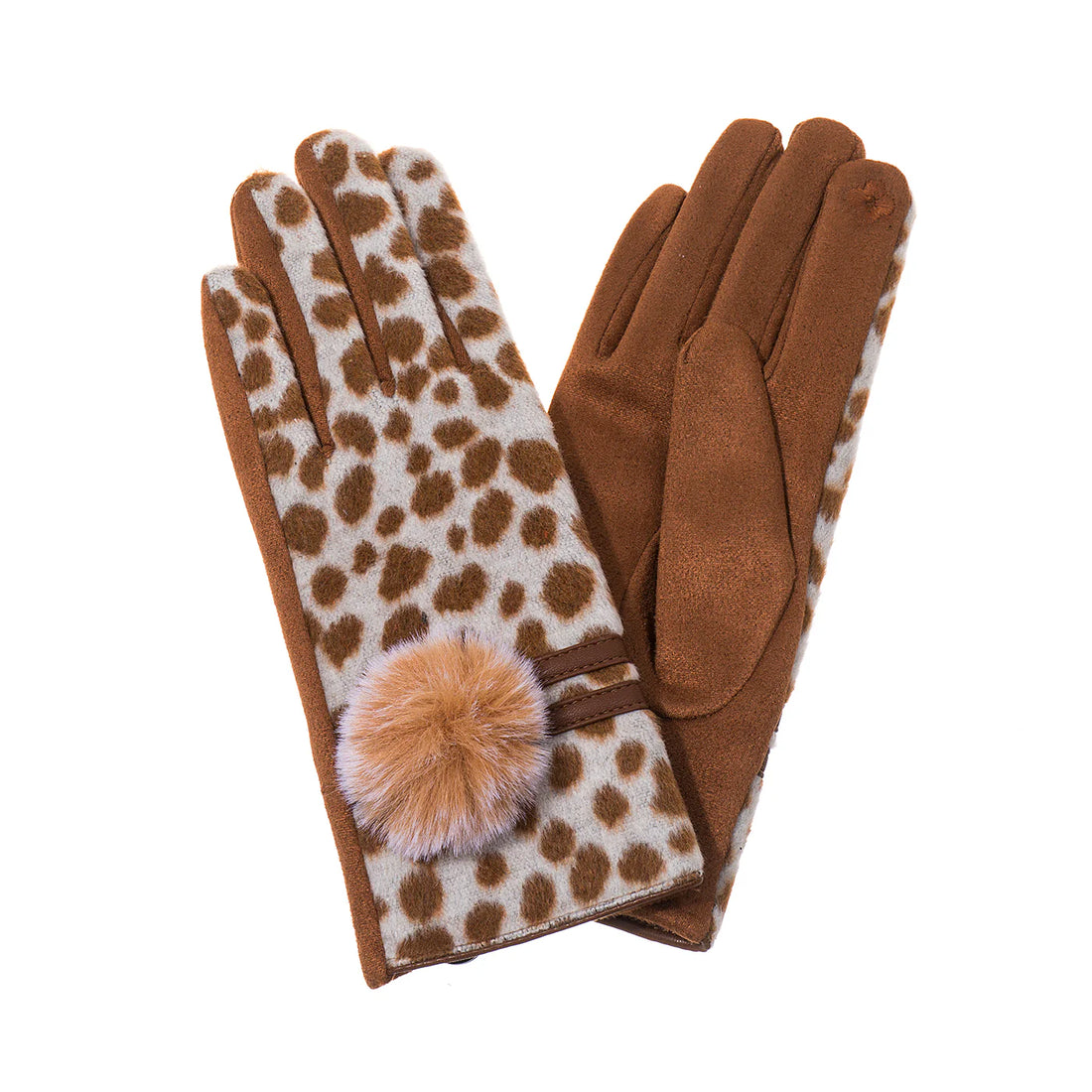 Animal Print Pom Pom Gloves in Tan &amp; White