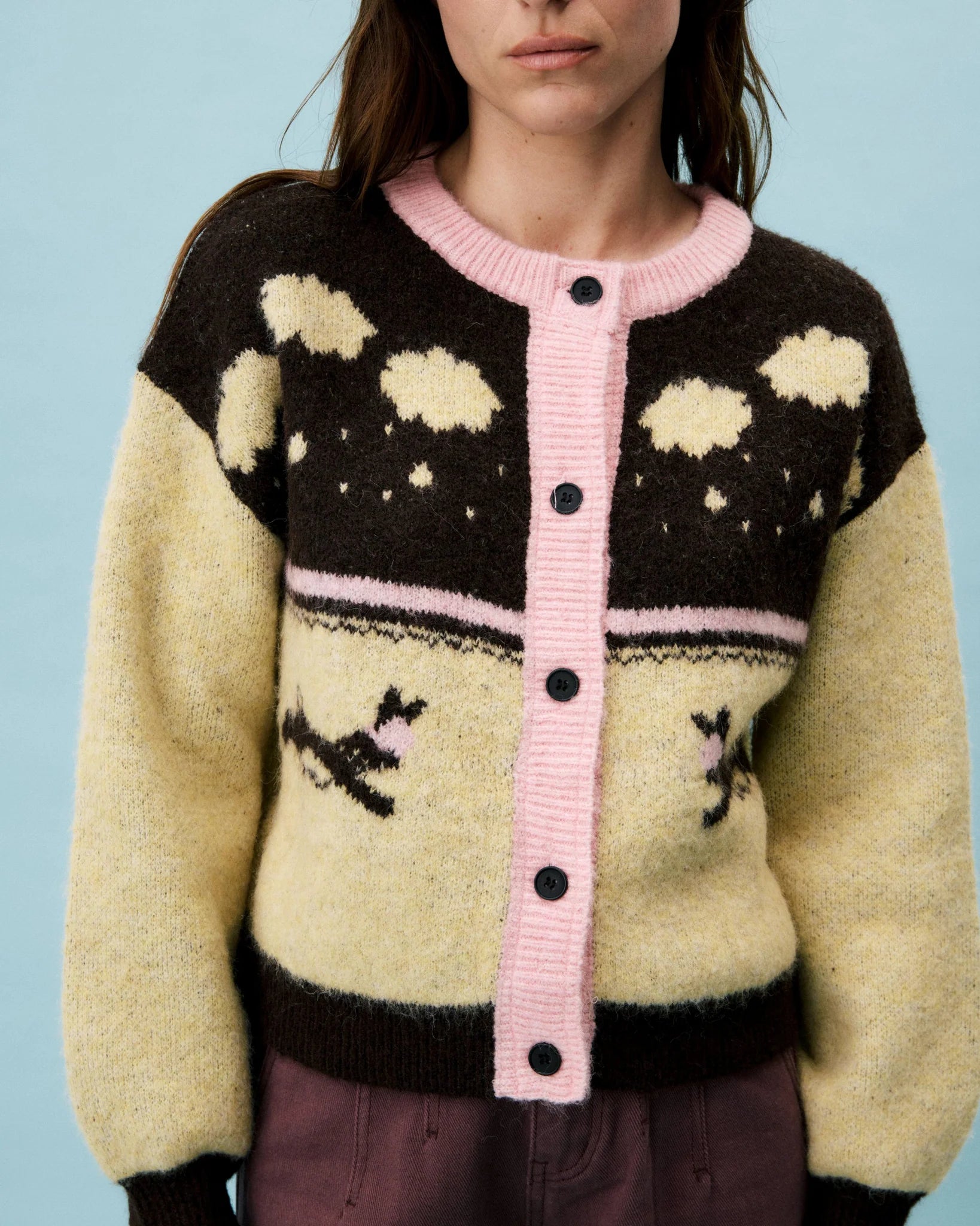 FRNCH Barret Cardigan with Motif in Wine &amp; Beige