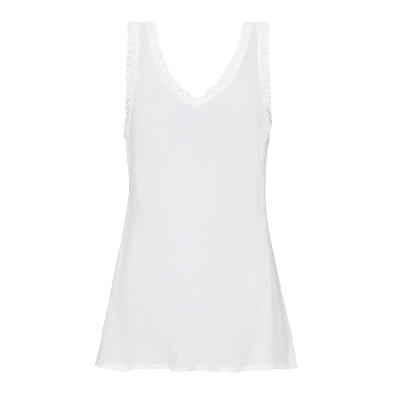 Gaby Viscose V-Neck Vest Top With Ruffle Neckline In White