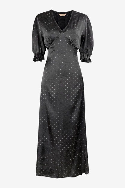 Elise V-Neck Tea Dress- Black/White, Polka Dot