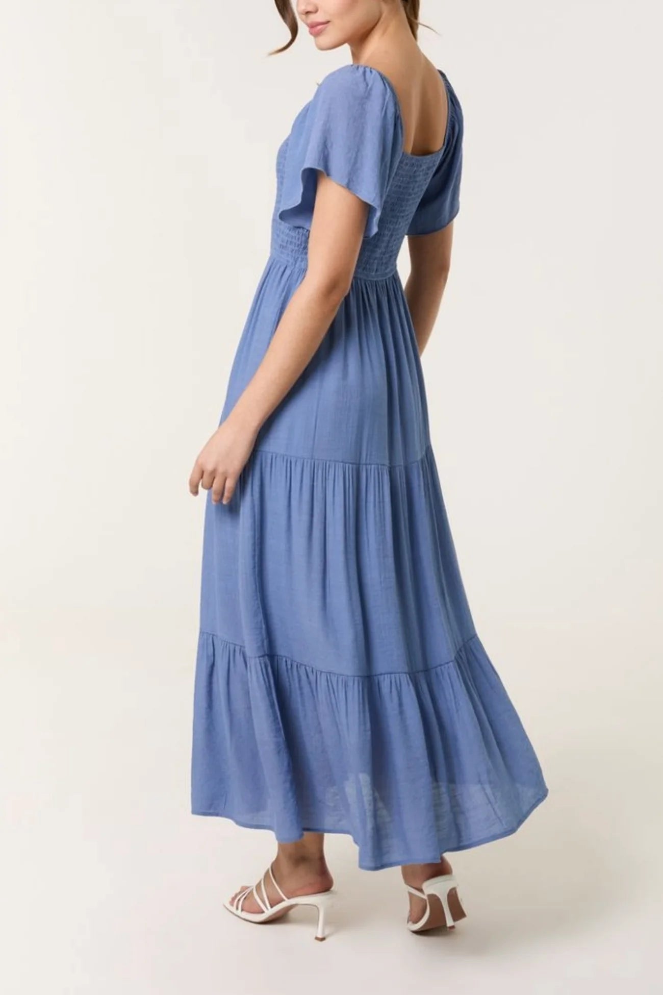 Tiered Dress with Shirring and Flutter Sleeve in Denim Blue