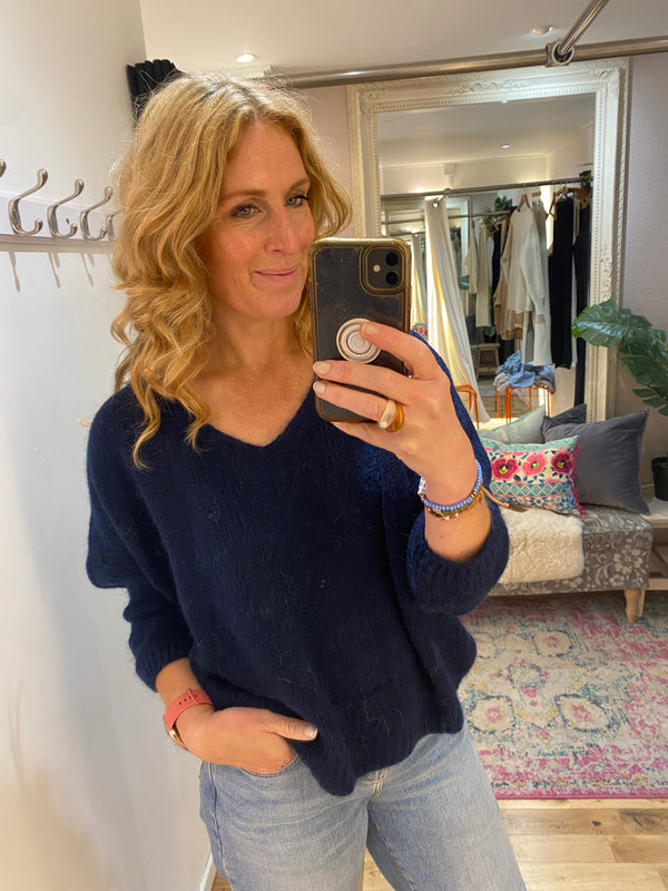 Ruby Mohair V Neck Jumper - Navy