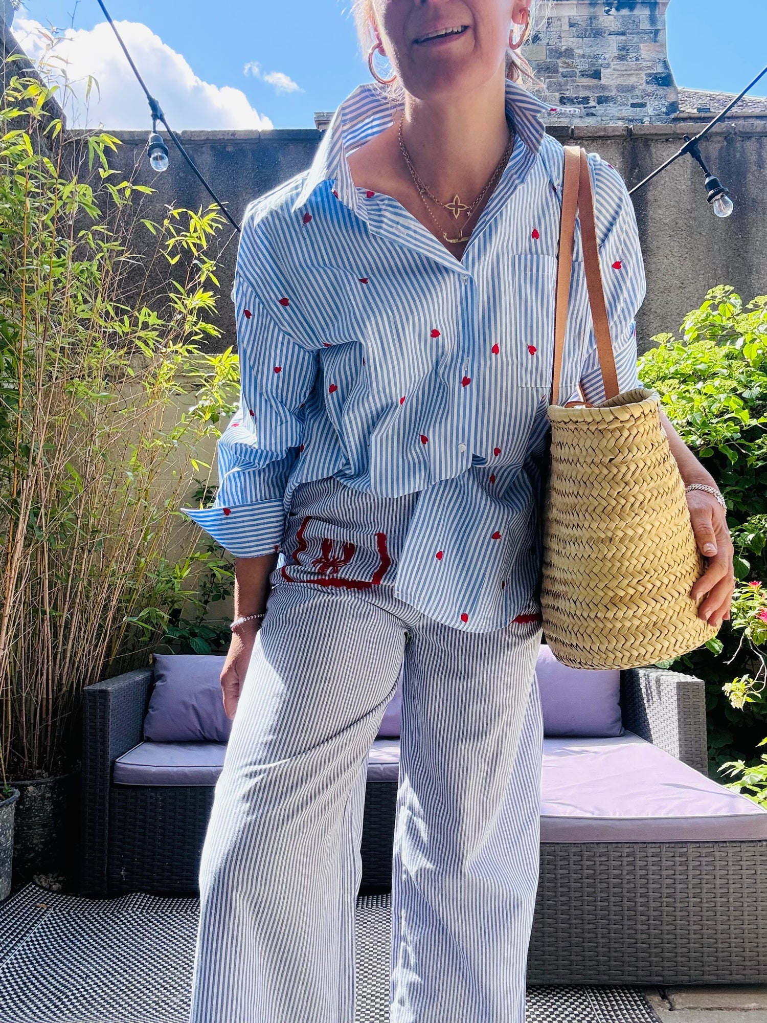 Blue Shirt with Emroidered Red Hearts