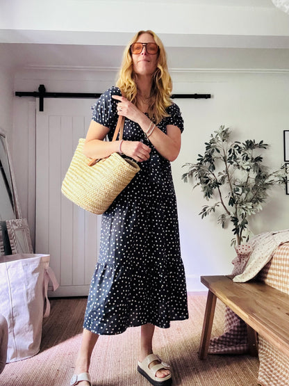 Dotty Dress in Navy and White (one size)