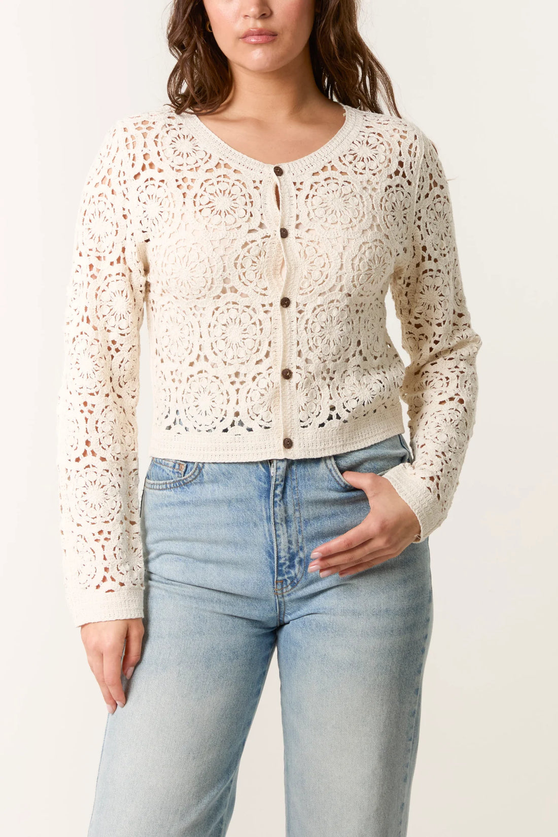 Cotton Floral Crochet Cardigan in Stone