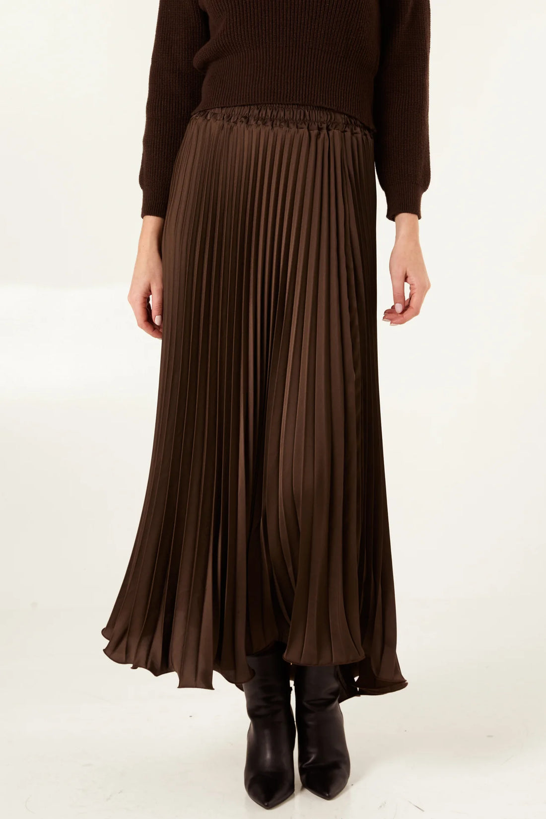 Satin Pleated Maxi Skirt in Chocolate Brown (ONE SIZE)
