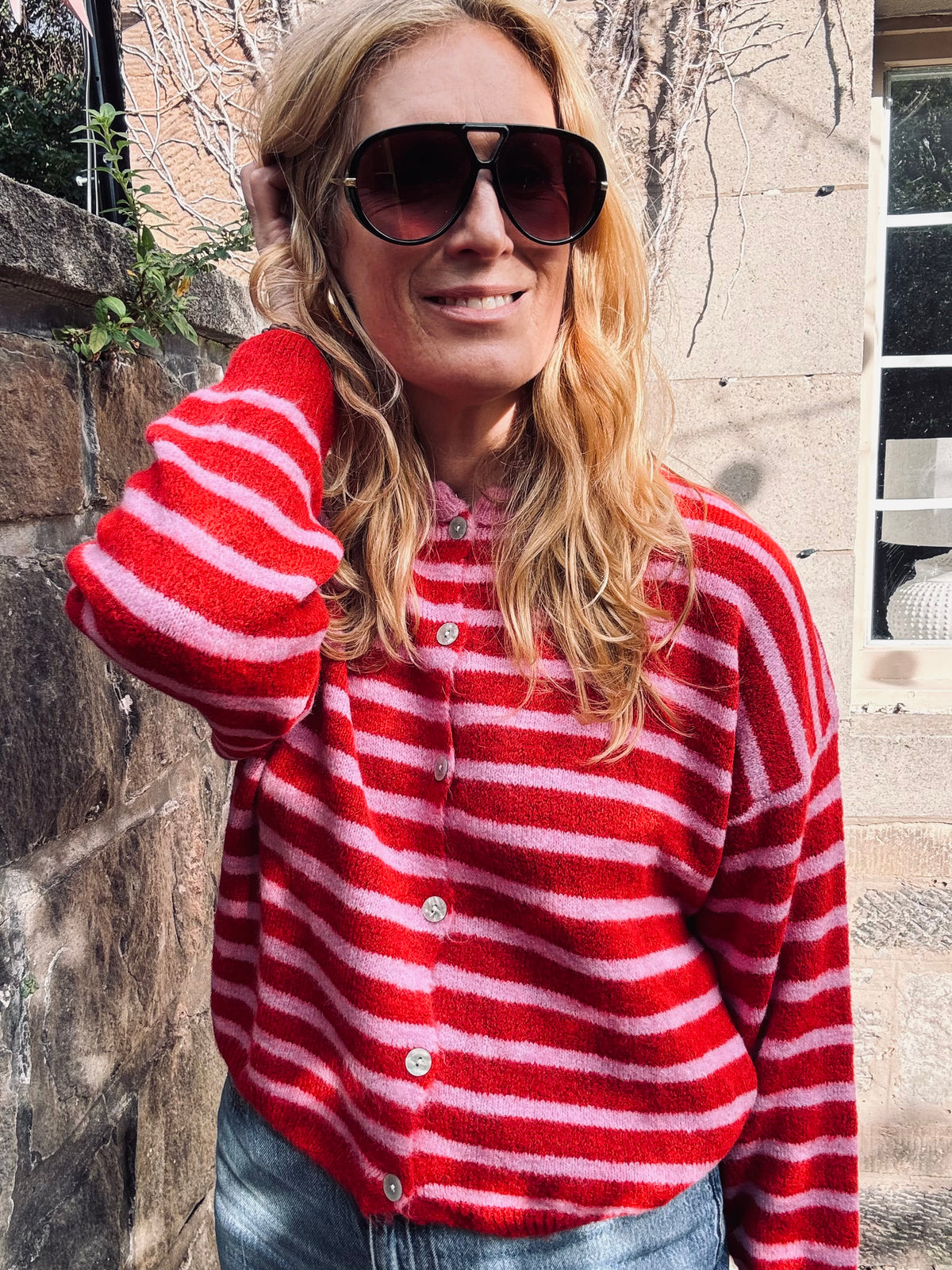 Alpaca Cardigan in Red and Pink Stripes