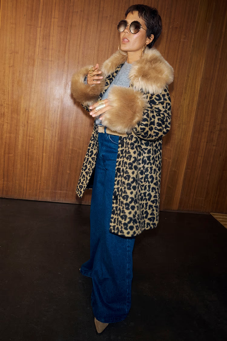 NFD Leopard Print Coat with Faux Fur Trim