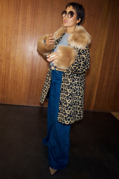 NFD Leopard Print Coat with Faux Fur Trim