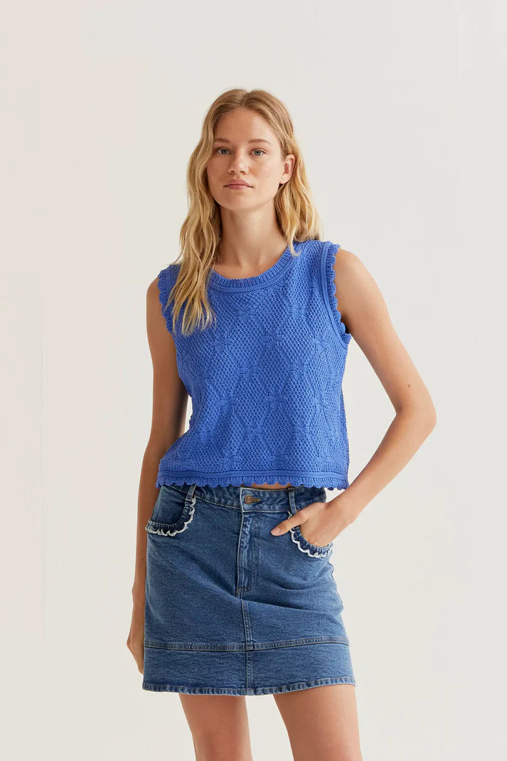 Blue chain-stitched embroidered top